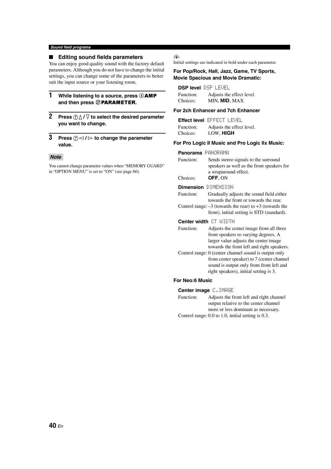 Yamaha DSP-AX563 owner manual 40 En, Editing sound fields parameters 