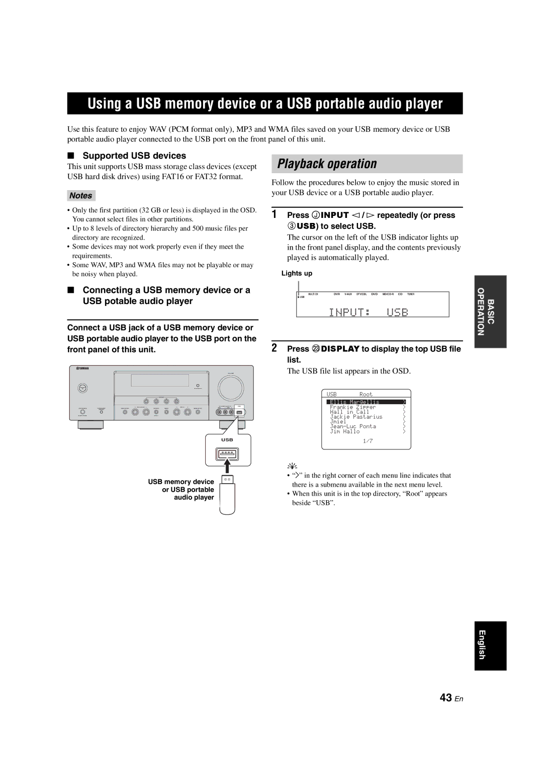 Yamaha DSP-AX563 owner manual Using a USB memory device or a USB portable audio player, Playback operation, 43 En 