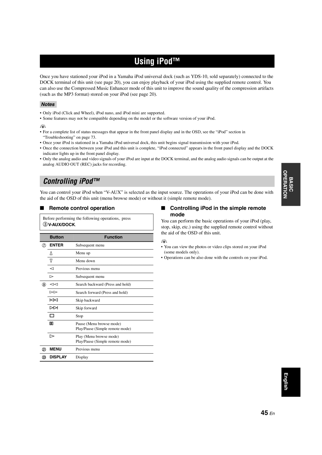 Yamaha DSP-AX563 owner manual Using iPod, 45 En, Remote control operation, Controlling iPod in the simple remote Mode 