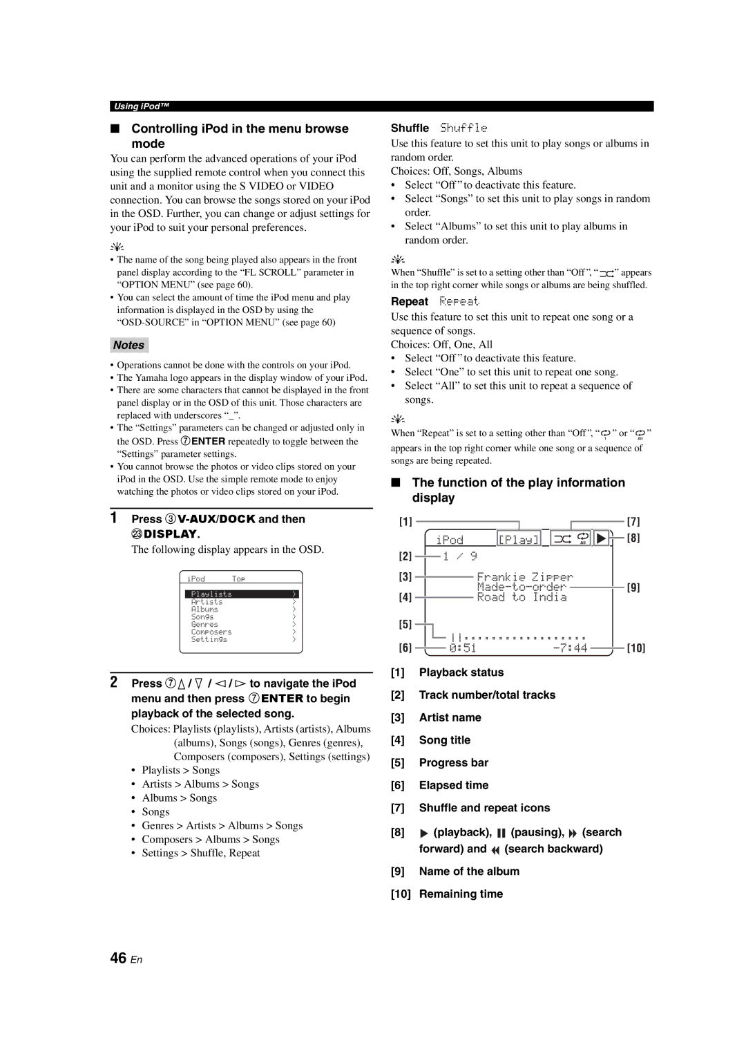 Yamaha DSP-AX563 owner manual 46 En, Controlling iPod in the menu browse Mode, Press 3V-AUX/DOCKand then, Shuffle Shuffle 