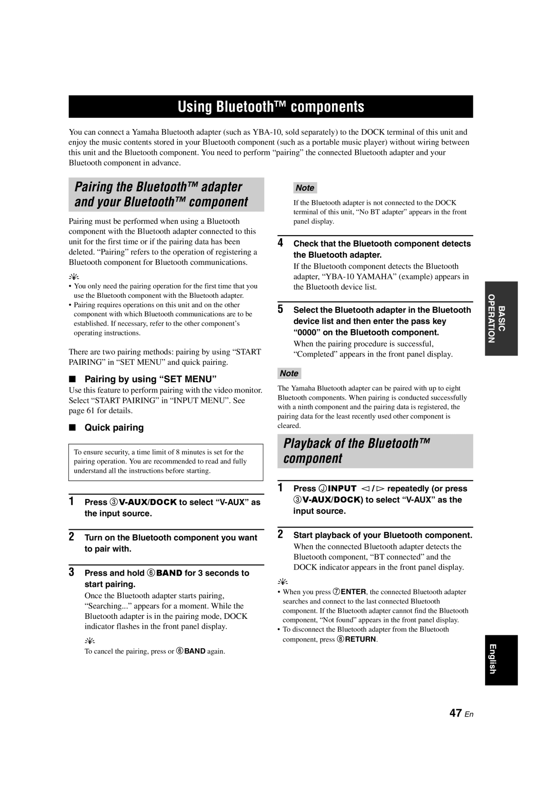 Yamaha DSP-AX563 owner manual Using Bluetooth components, 47 En, Pairing by using SET Menu, Quick pairing, Input source 