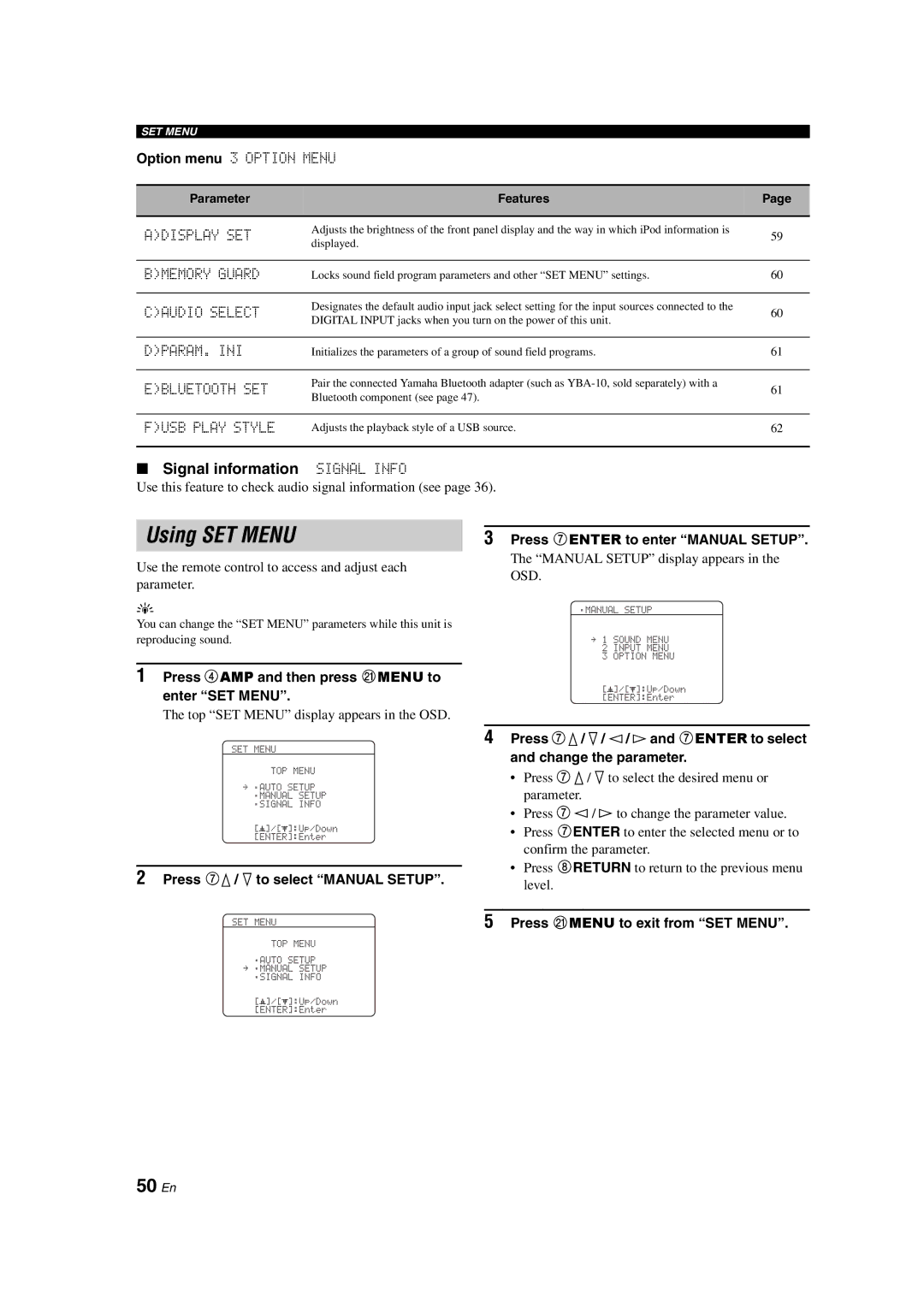 Yamaha DSP-AX563 owner manual Using SET Menu, 50 En, Signal information 