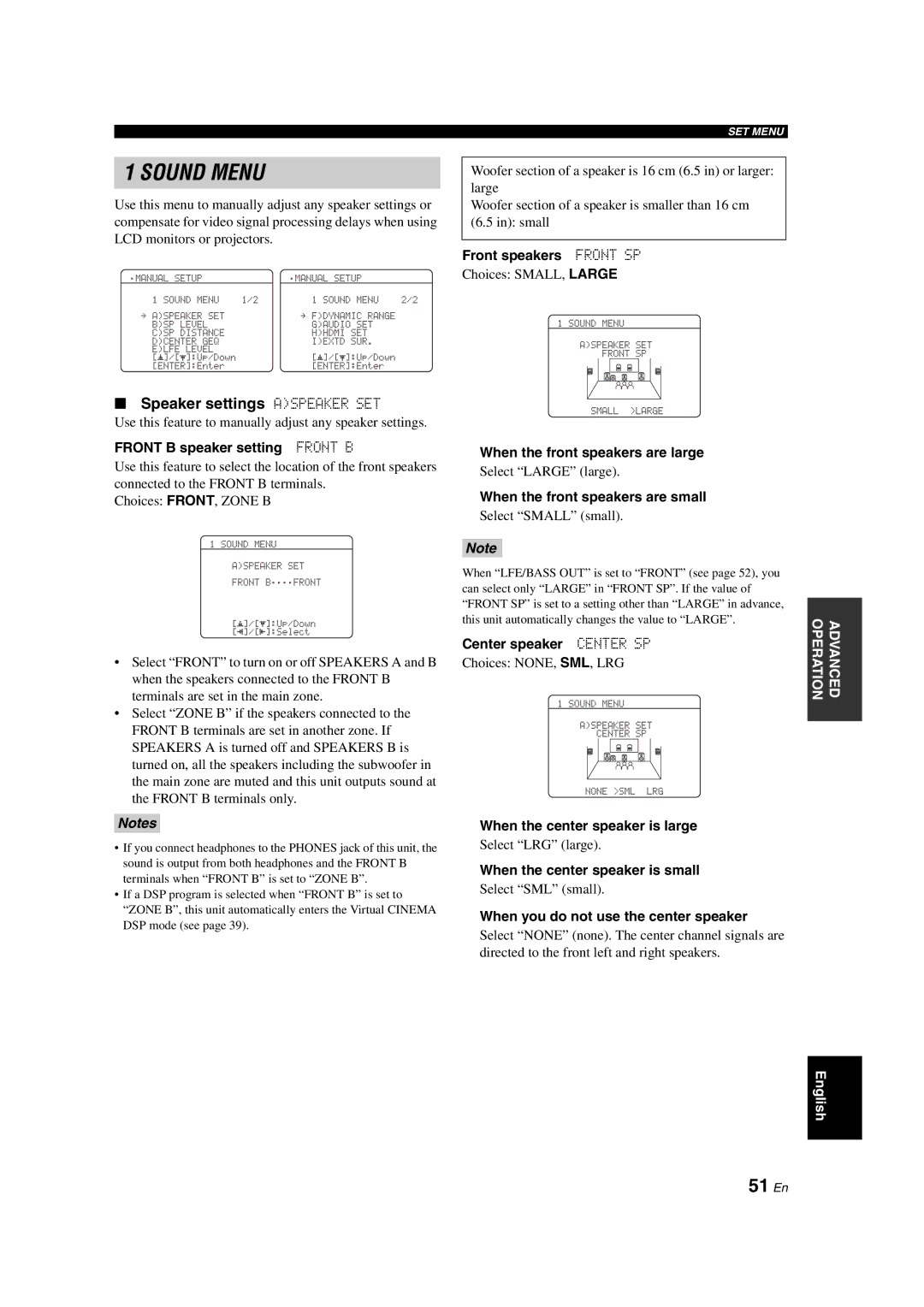 Yamaha DSP-AX563 owner manual 51 En, Speaker settings Aspeaker SET 