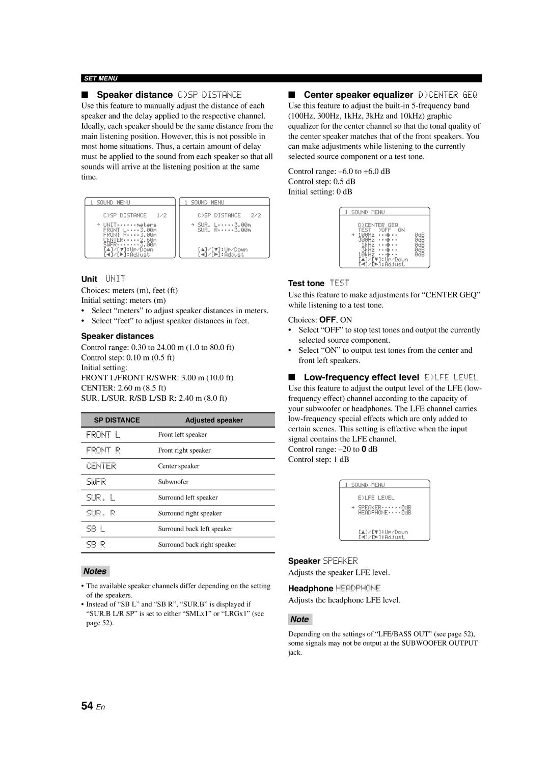 Yamaha DSP-AX563 owner manual 54 En, Speaker distance CSP Distance, Center speaker equalizer Dcenter GEQ 