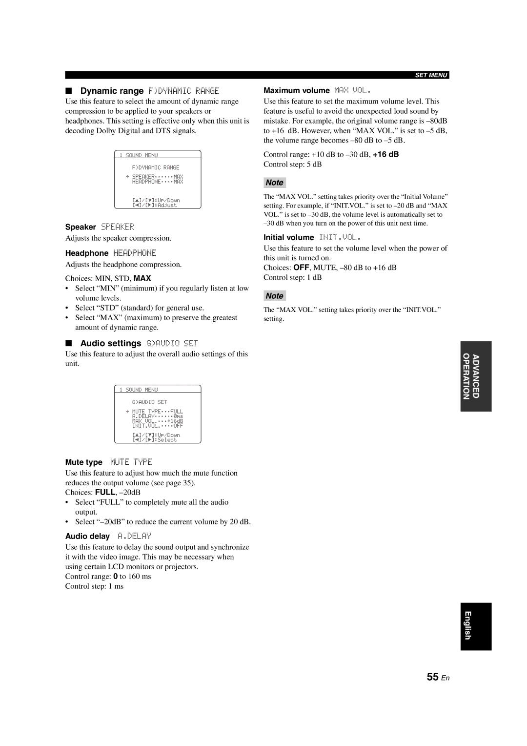 Yamaha DSP-AX563 owner manual 55 En, Audio settings Gaudio SET 