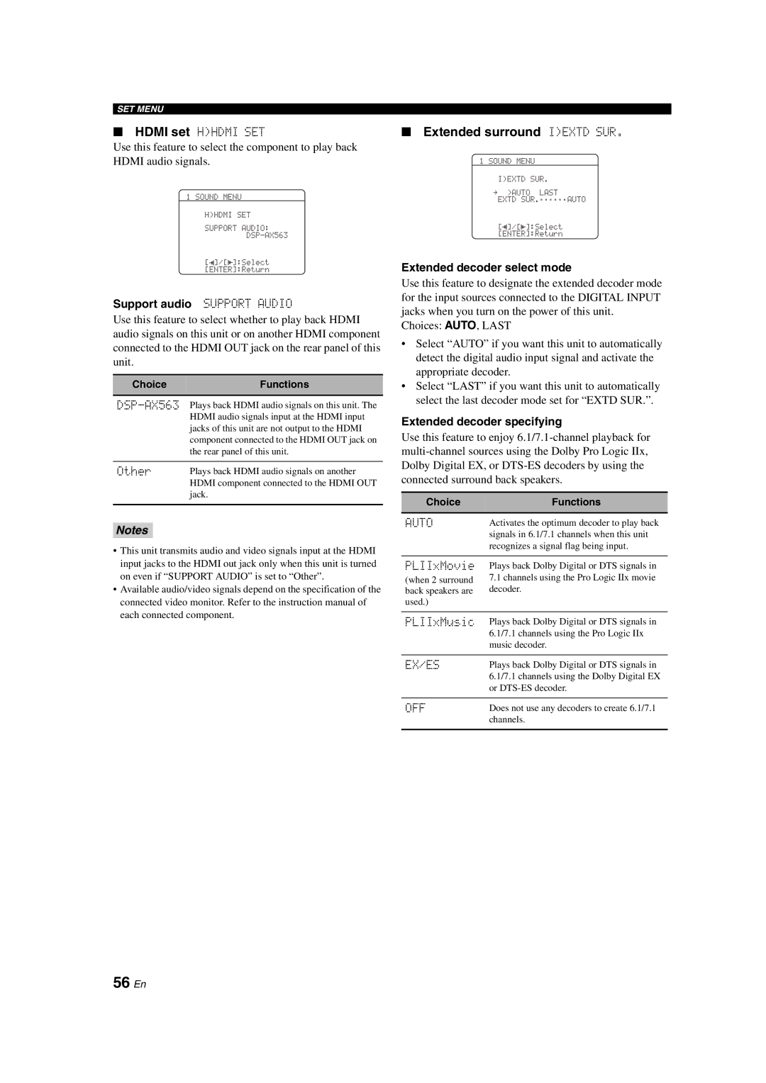 Yamaha DSP-AX563 owner manual 56 En, Extended surround Iextd SUR, Support audio Support Audio, Extended decoder select mode 