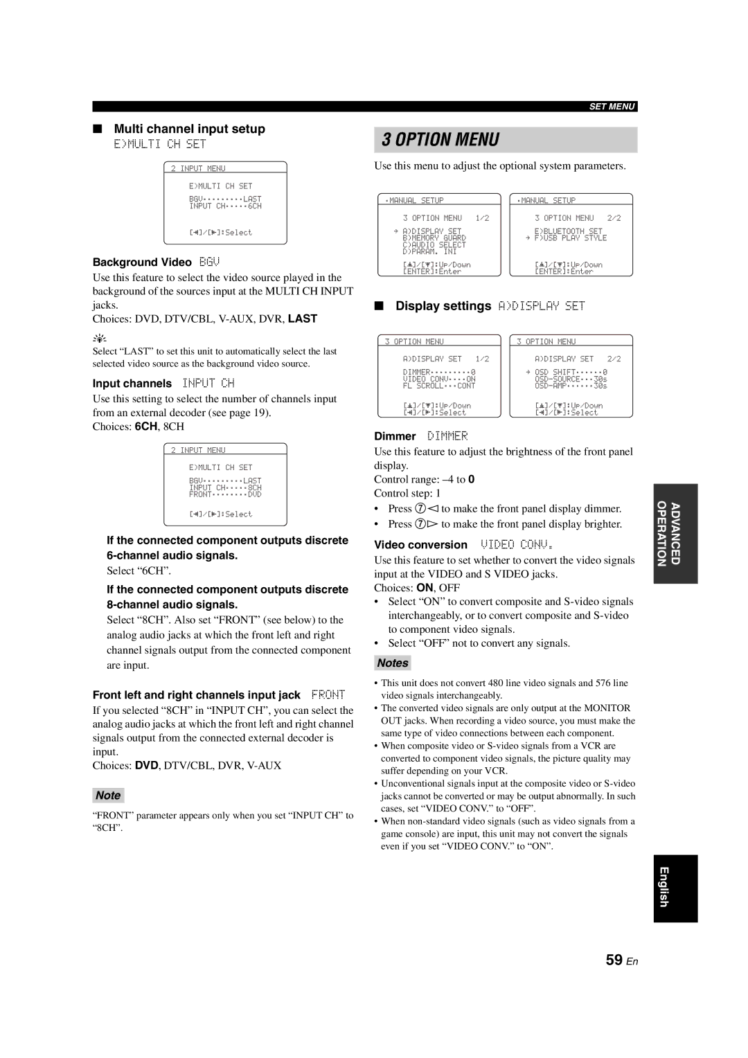 Yamaha DSP-AX563 owner manual 59 En, Multi channel input setup, Display settings Adisplay SET 