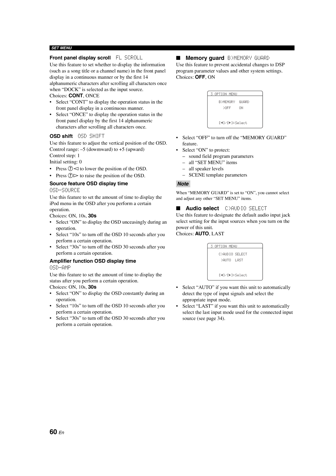 Yamaha DSP-AX563 60 En, Front panel display scroll FL Scroll, OSD shift OSD Shift, Source feature OSD display time 