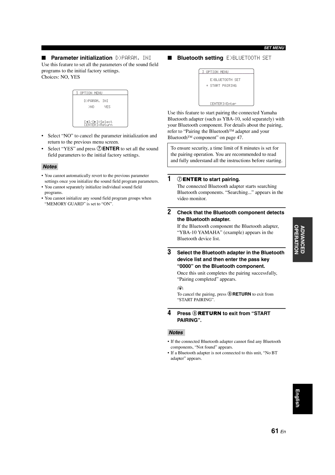 Yamaha DSP-AX563 61 En, Parameter initialization DPARAM. INI, Bluetooth setting Ebluetooth SET, 7ENTER to start pairing 