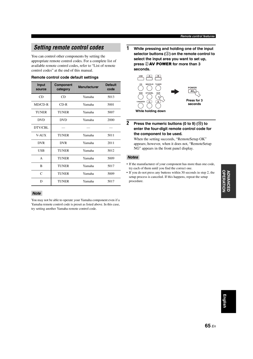 Yamaha DSP-AX563 owner manual Setting remote control codes, 65 En, Remote control code default settings 