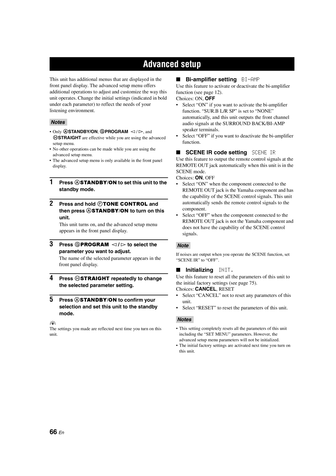 Yamaha DSP-AX563 Advanced setup, 66 En, Bi-amplifier setting BI-AMP, Scene IR code setting Scene IR, Initializing Init 