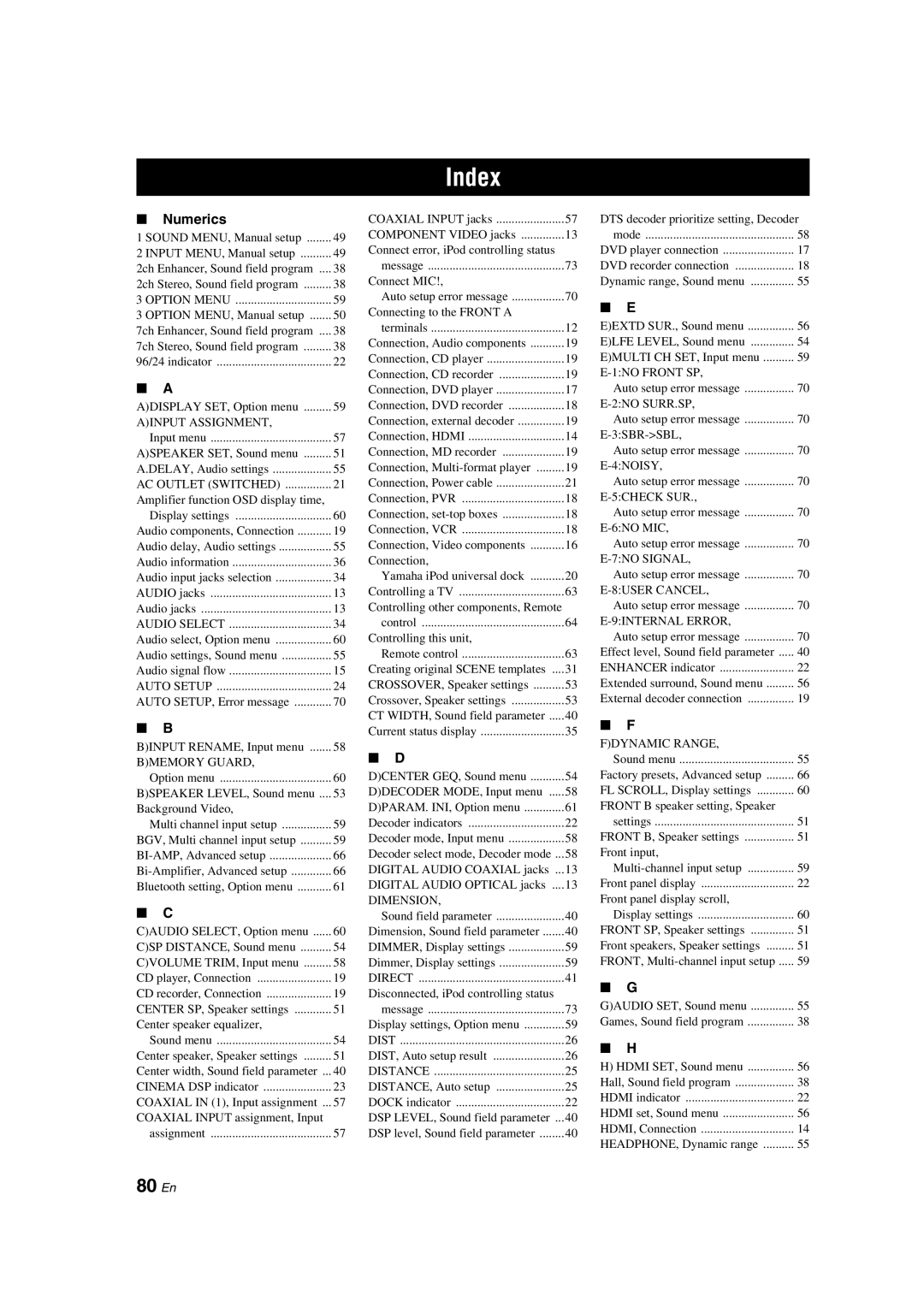 Yamaha DSP-AX563 owner manual Index, 80 En, Numerics 