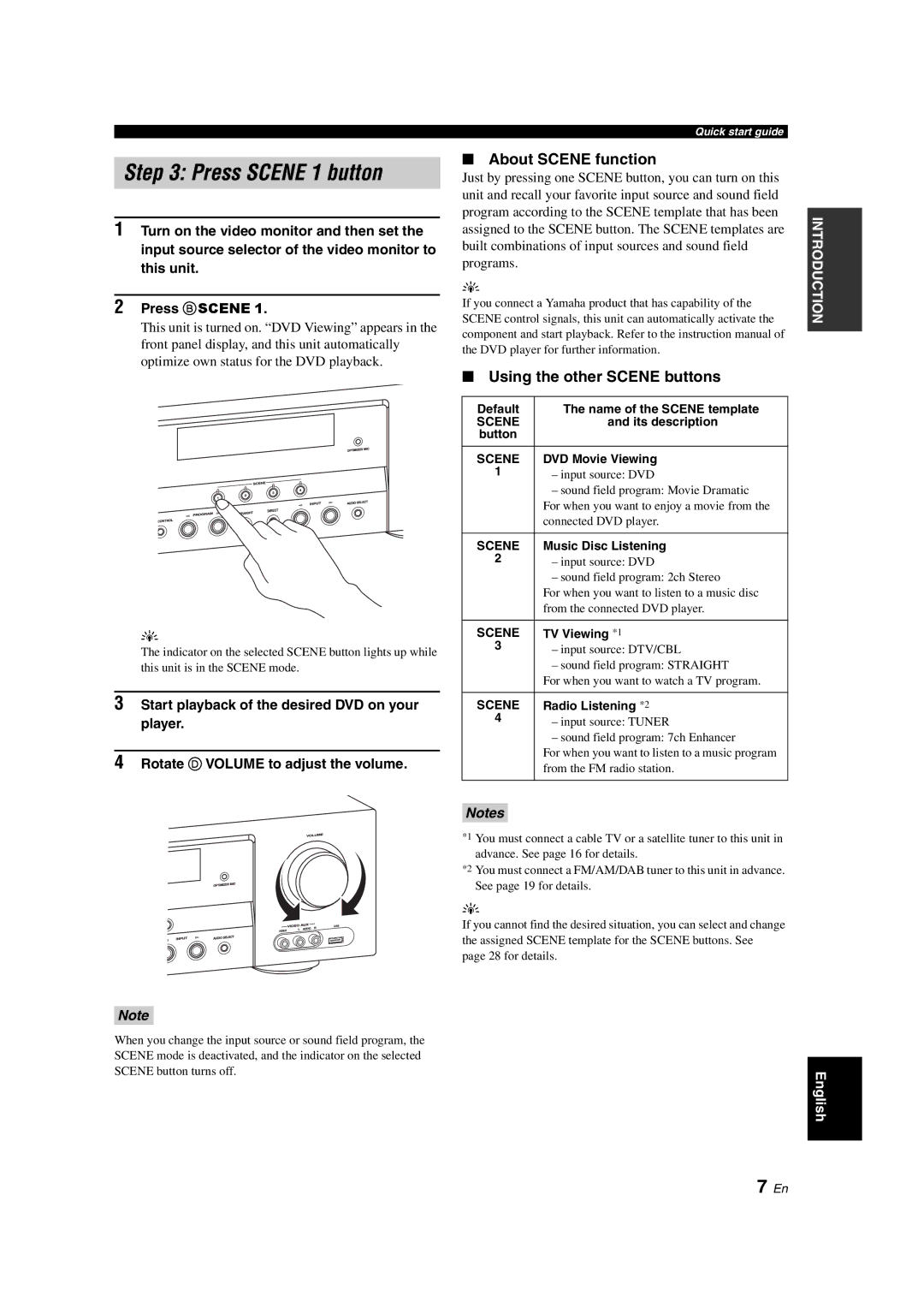 Yamaha DSP-AX563 owner manual Press Scene 1 button, About Scene function, Using the other Scene buttons 