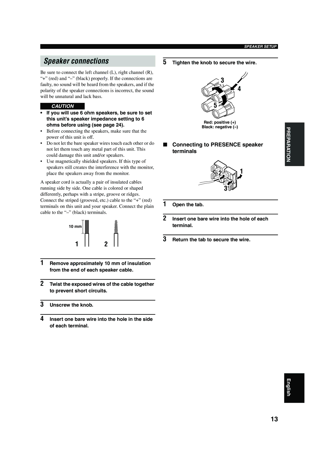 Yamaha DSP-AX750SE Speaker connections, Connecting to Presence speaker terminals, Tighten the knob to secure the wire 