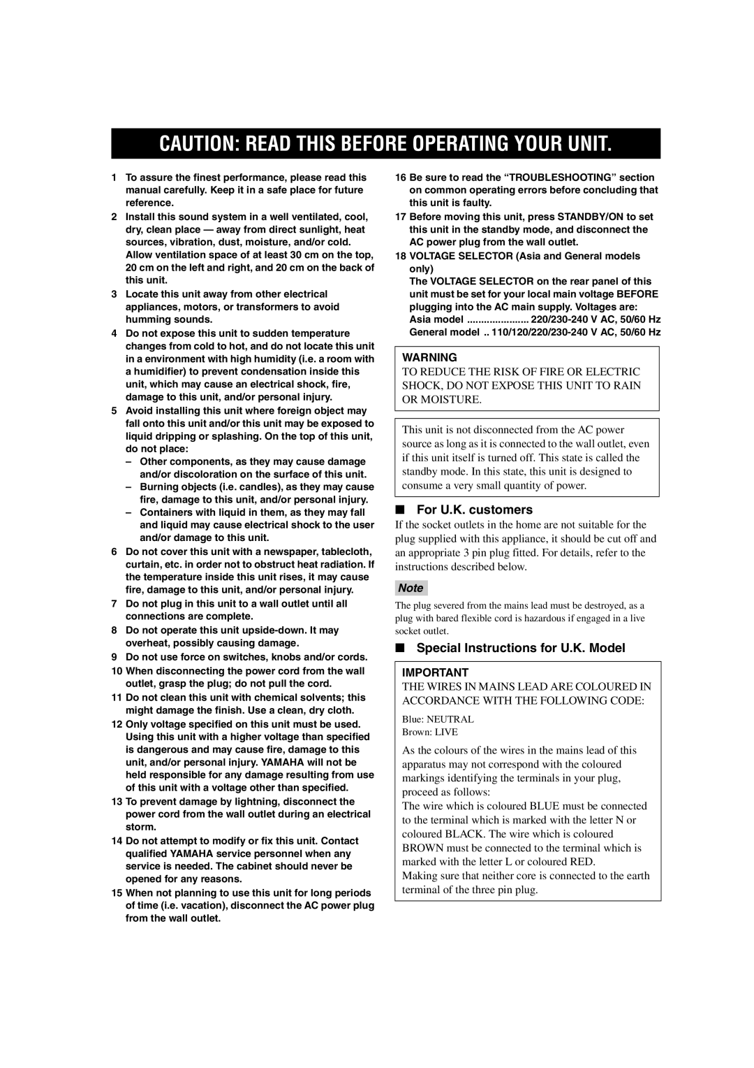 Yamaha DSP-AX750SE owner manual For U.K. customers, Special Instructions for U.K. Model 