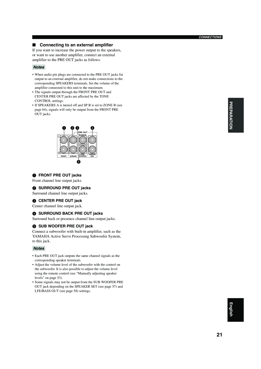 Yamaha DSP-AX750SE owner manual Connecting to an external amplifier 