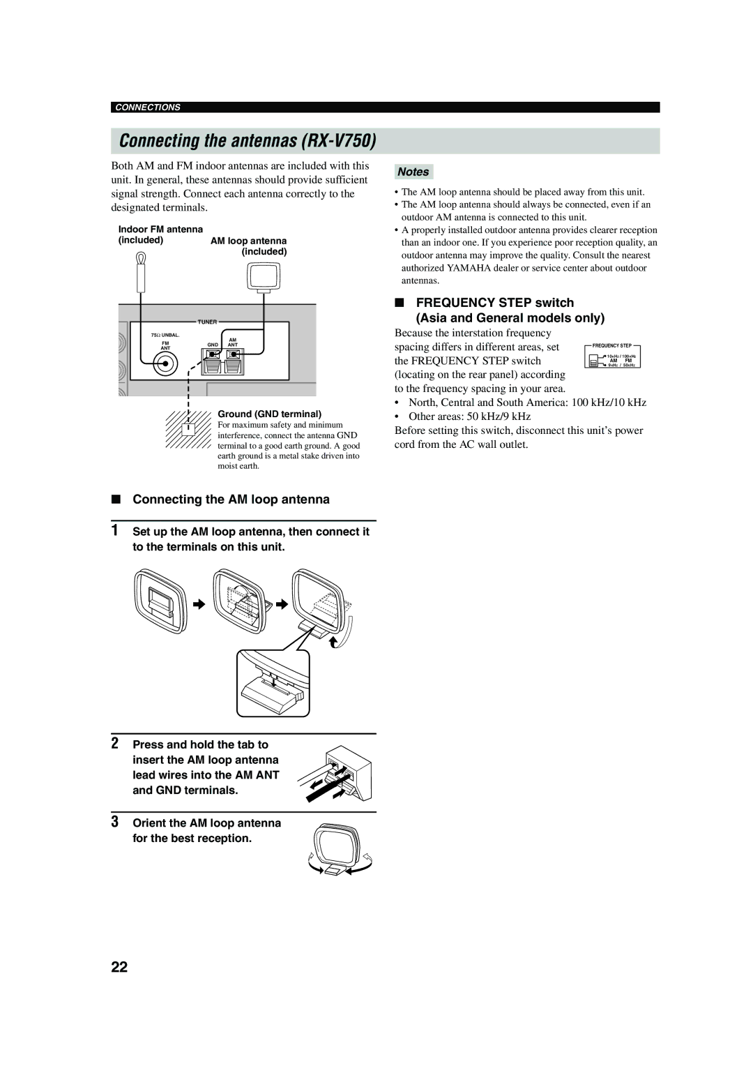 Yamaha DSP-AX750SE Connecting the AM loop antenna, Frequency Step switch Asia and General models only, Ground GND terminal 