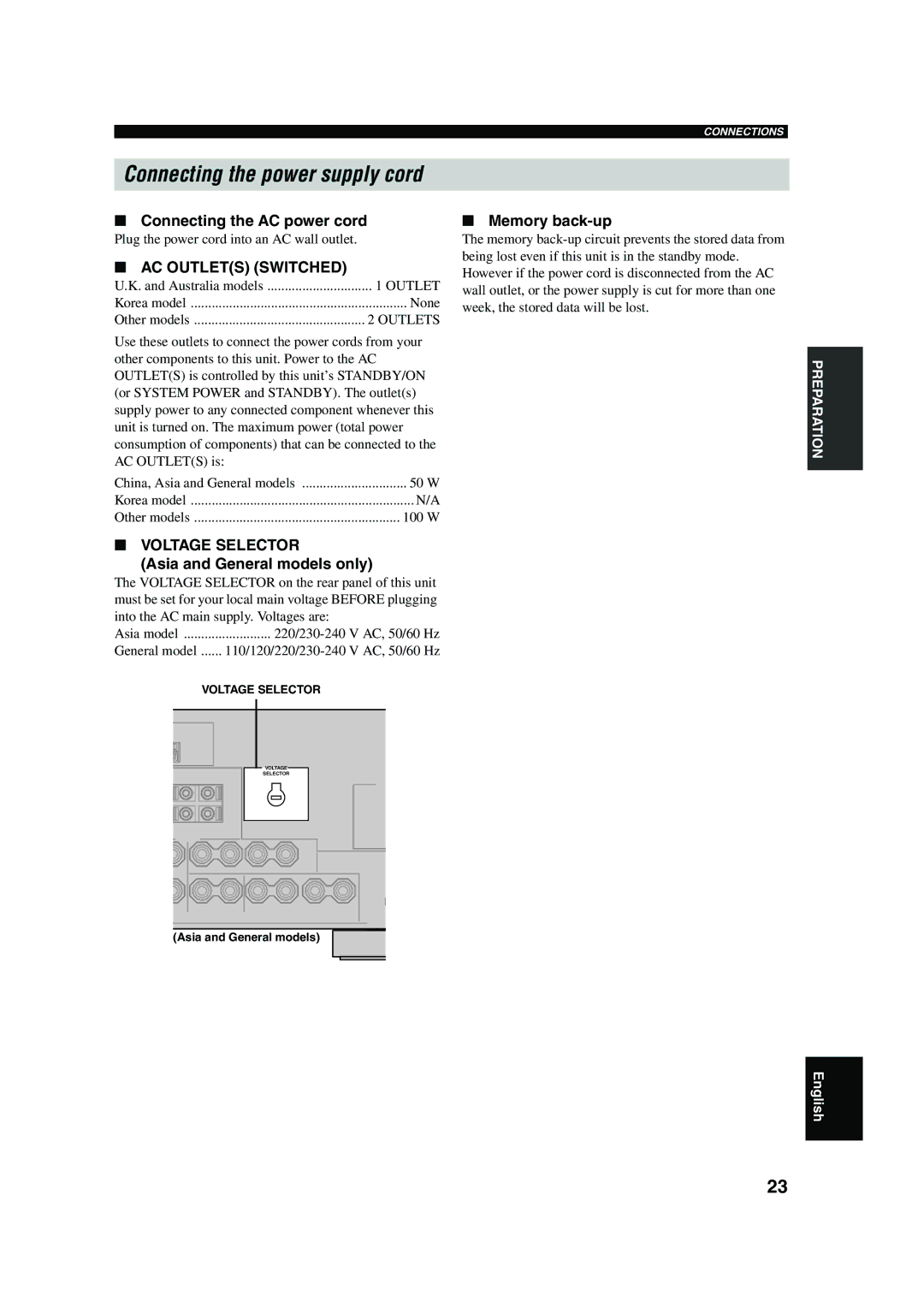 Yamaha DSP-AX750SE owner manual Connecting the power supply cord, Connecting the AC power cord, Memory back-up 