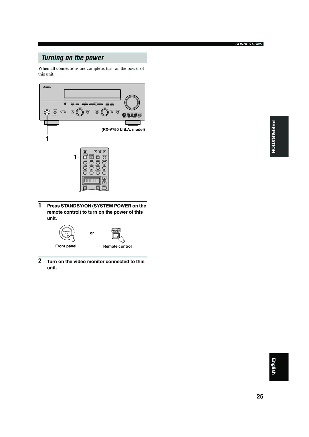 Yamaha DSP-AX750SE Turning on the power, Turn on the video monitor connected to this unit, RX-V750 U.S.A. model 