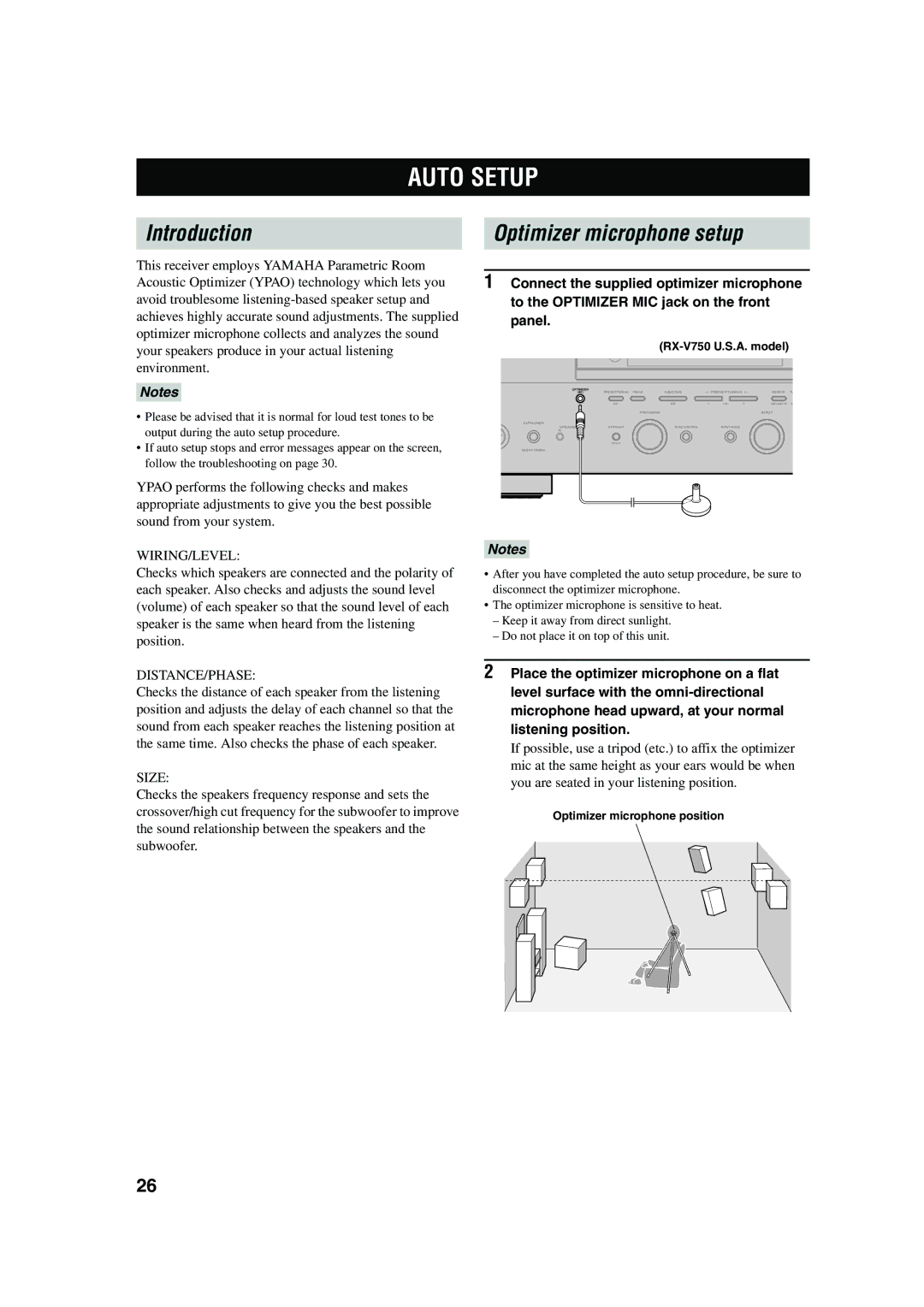 Yamaha DSP-AX750SE owner manual Auto Setup, Introduction, Optimizer microphone setup, Optimizer microphone position 