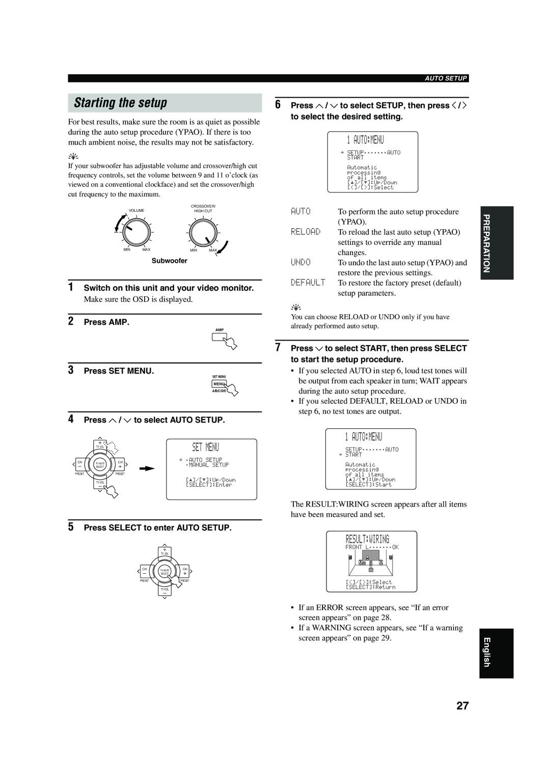 Yamaha DSP-AX750SE owner manual Starting the setup, Automenu, Resultwiring 