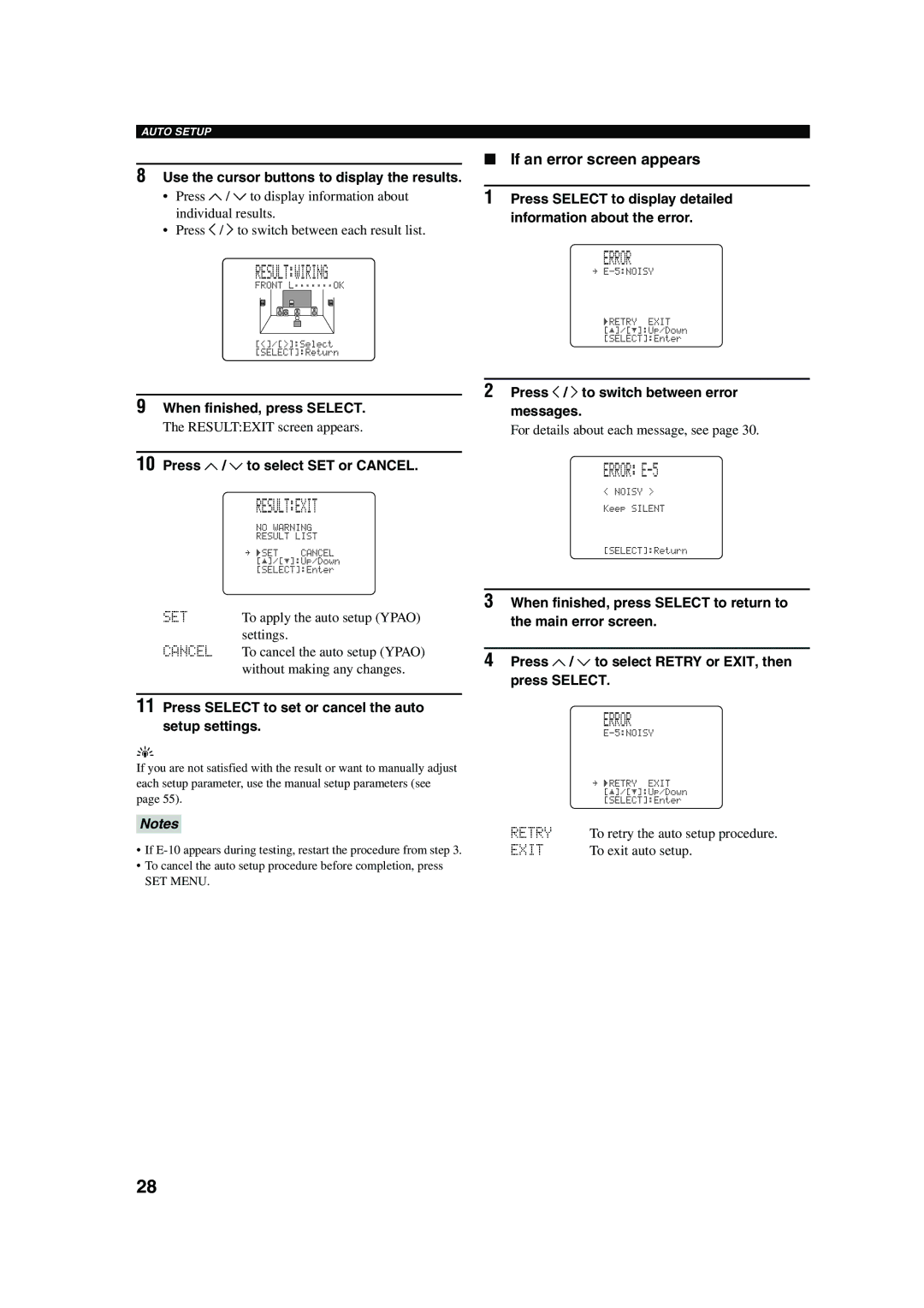 Yamaha DSP-AX750SE owner manual Resultexit, Error E-5, If an error screen appears 