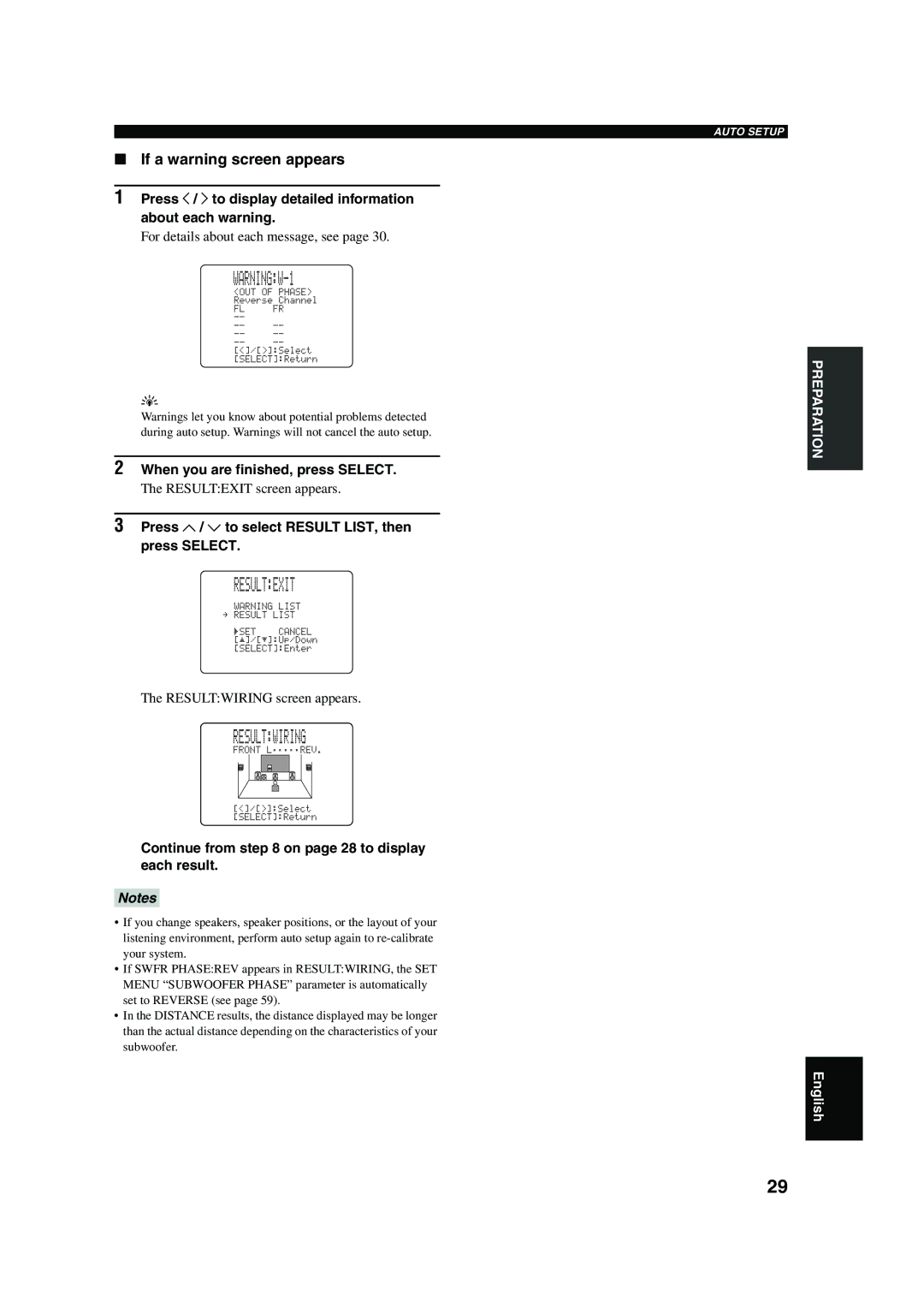 Yamaha DSP-AX750SE If a warning screen appears, When you are finished, press Select, Resultwiring screen appears 