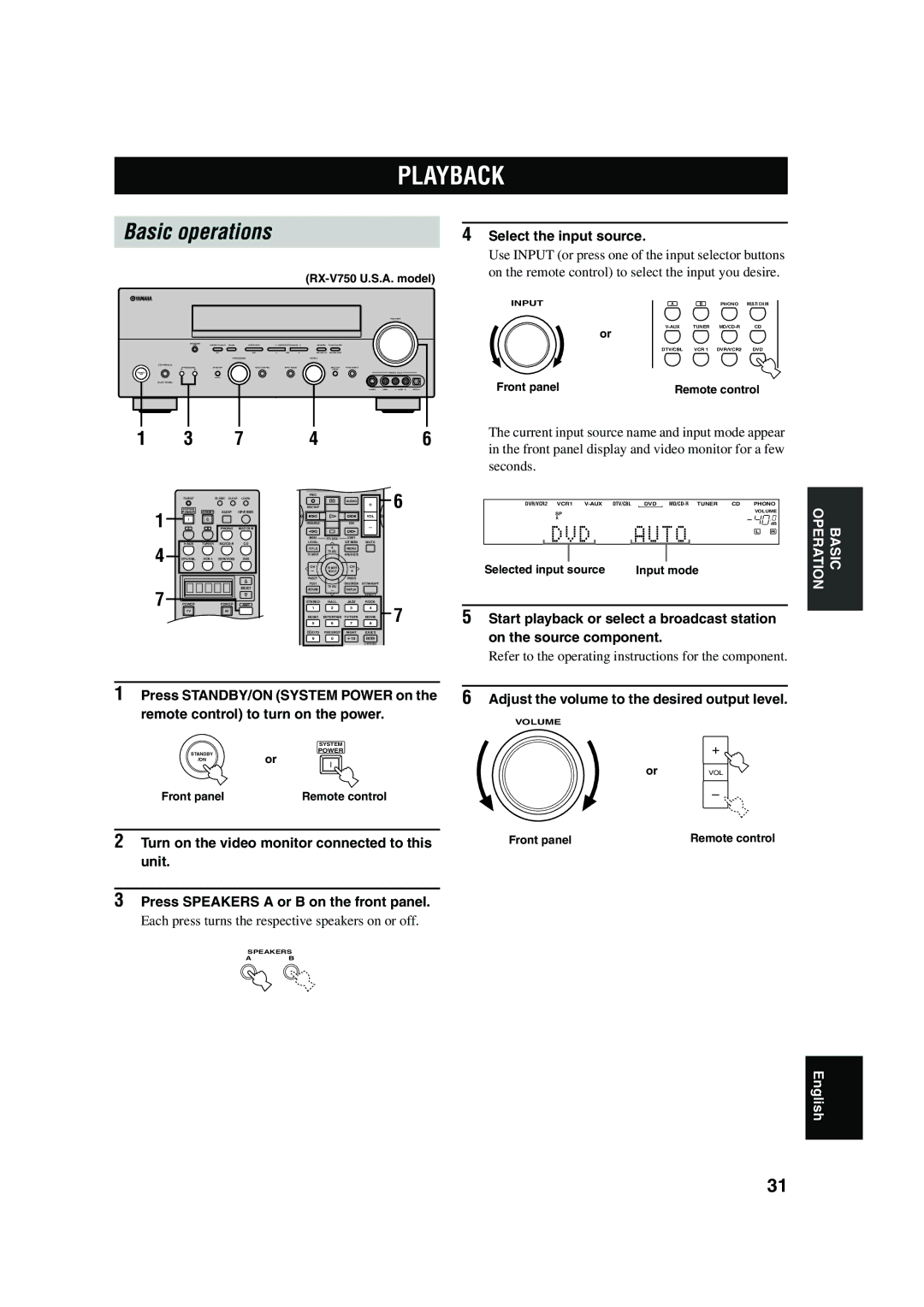 Yamaha DSP-AX750SE owner manual Playback, Select the input source, Start playback or select a broadcast station 