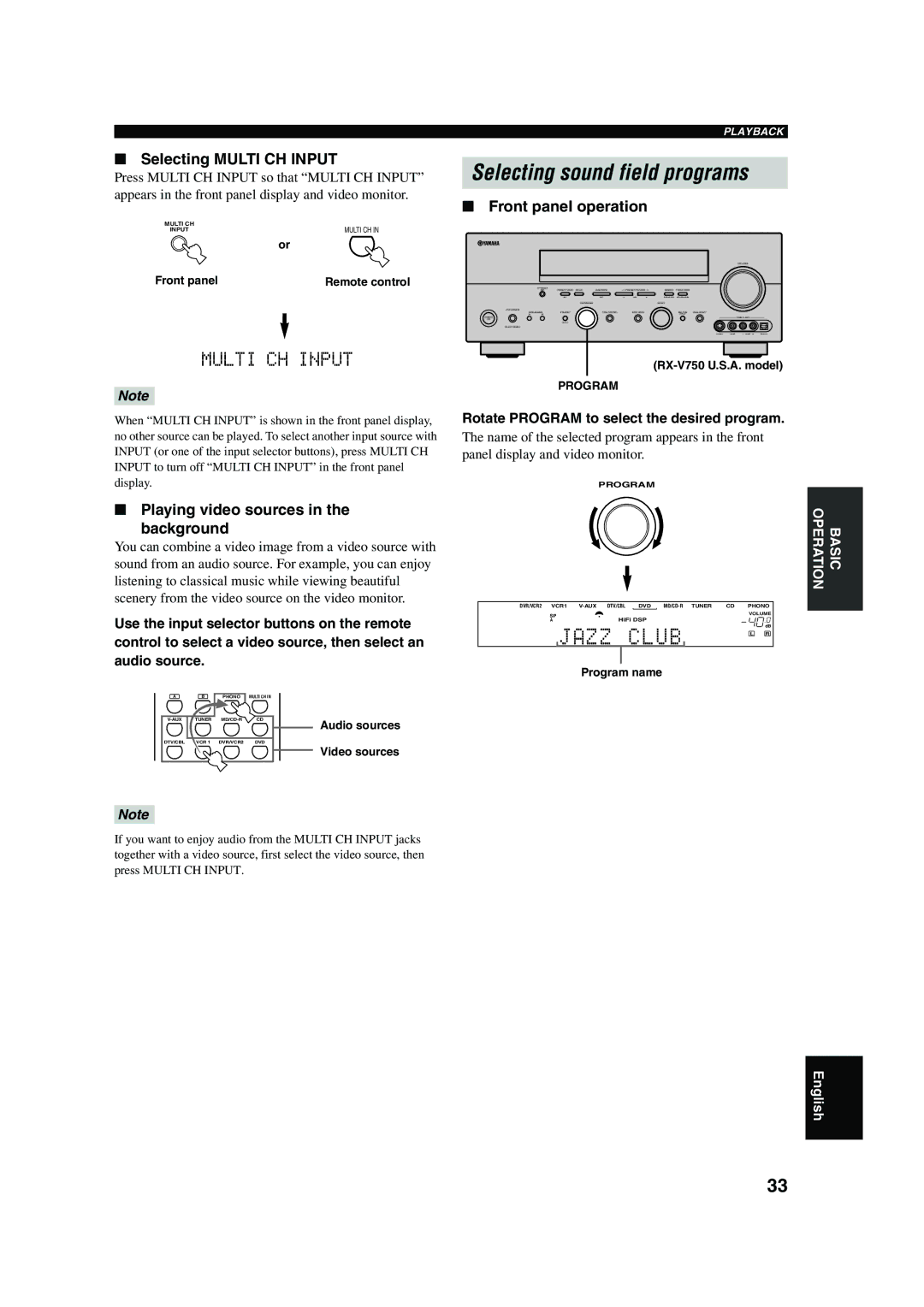 Yamaha DSP-AX750SE owner manual Selecting Multi CH Input, Playing video sources Background, Front panel operation 