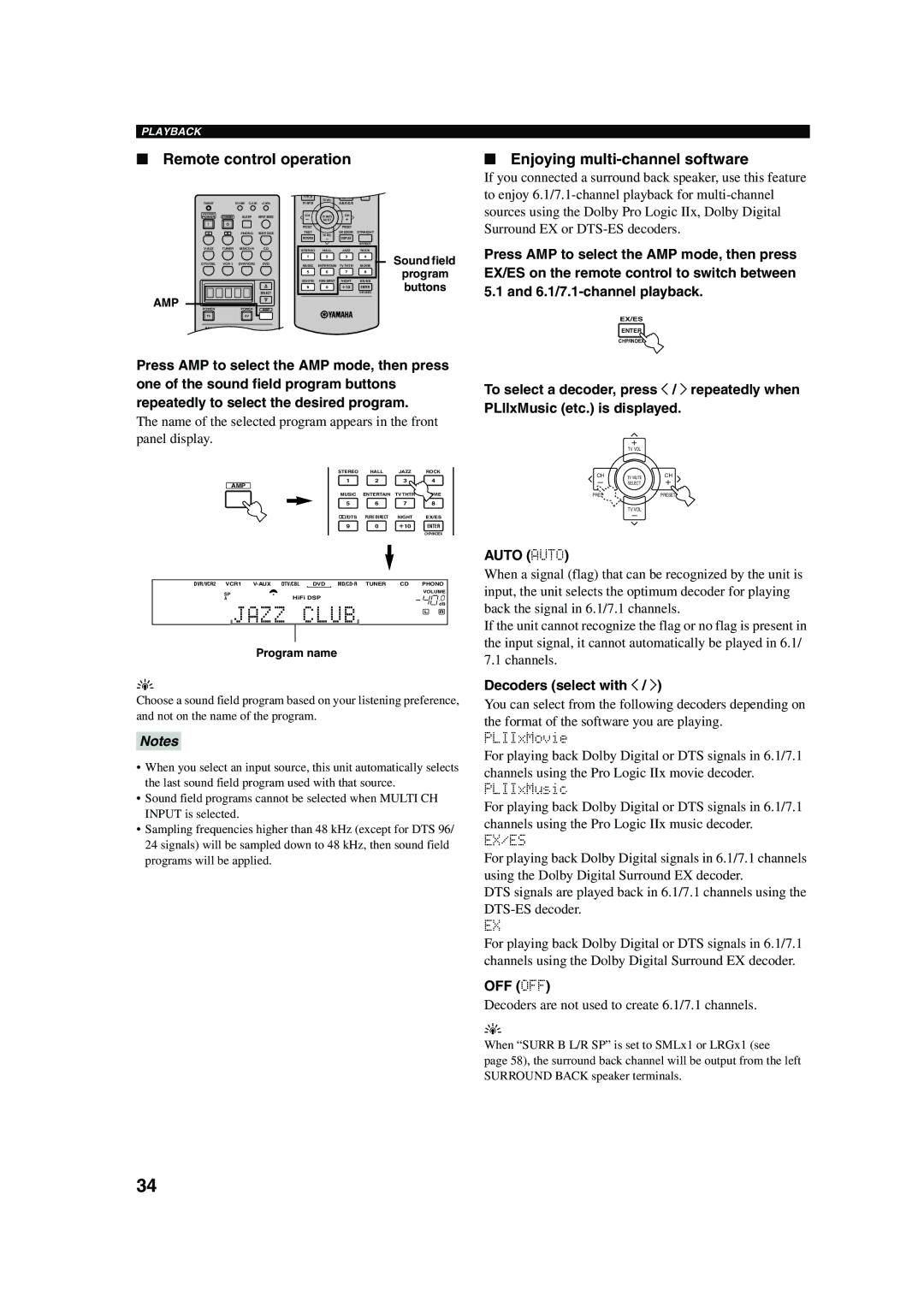 Yamaha DSP-AX750SE Remote control operation, Enjoying multi-channel software, Decoders select with j, PLIIxMusic, Ex/Es 