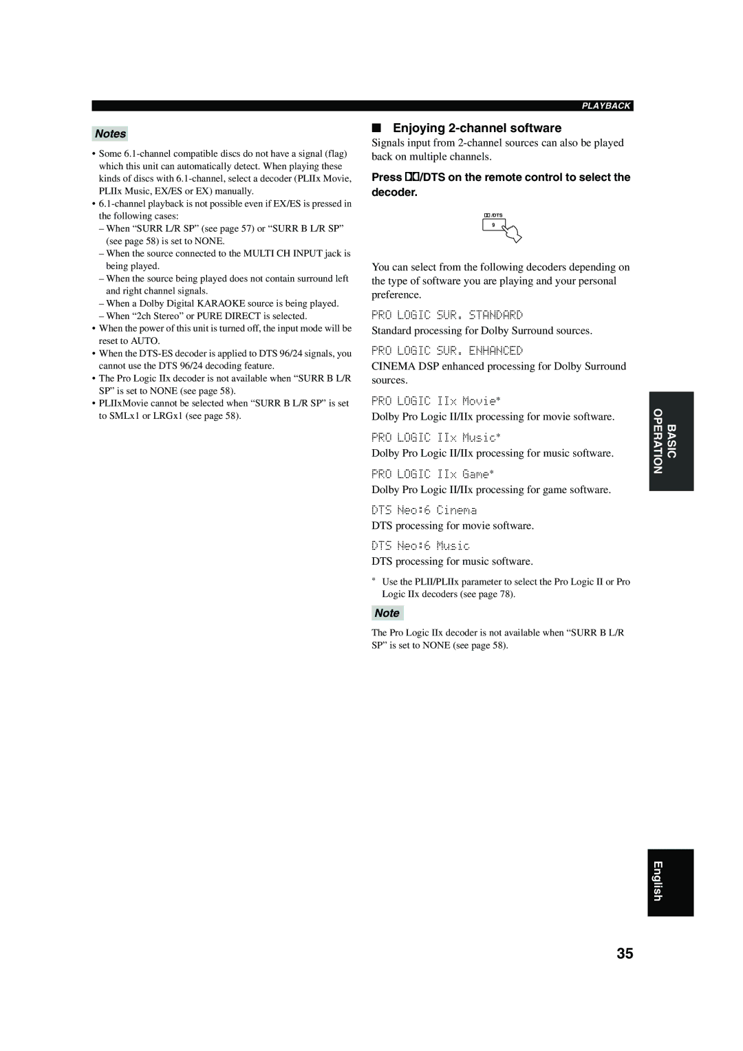 Yamaha DSP-AX750SE owner manual Enjoying 2-channel software, Press q/DTS on the remote control to select the decoder 