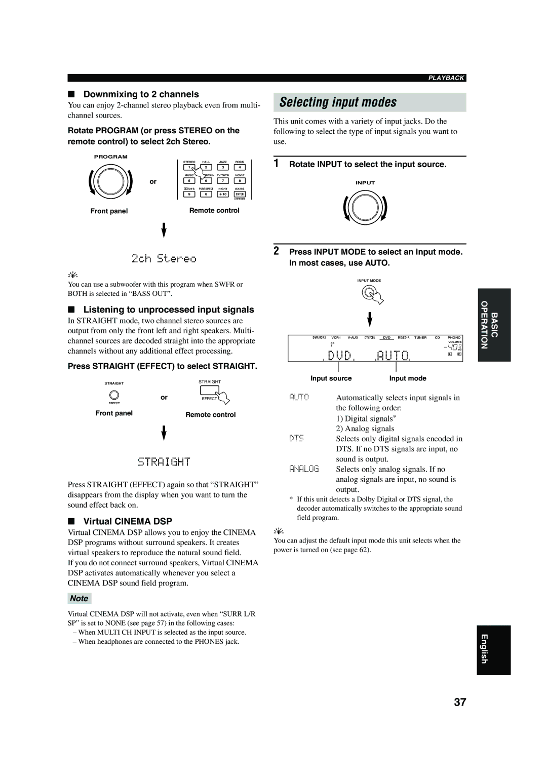 Yamaha DSP-AX750SE Selecting input modes, Straight, Downmixing to 2 channels, Listening to unprocessed input signals 