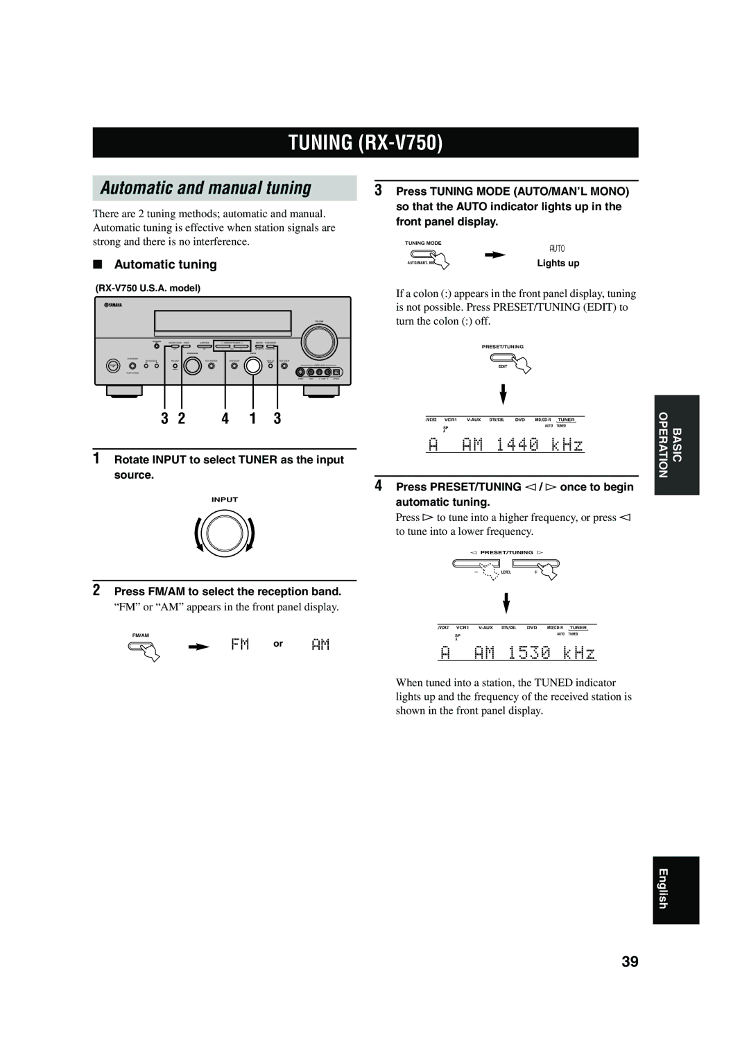 Yamaha DSP-AX750SE owner manual Tuning RX-V750, Automatic and manual tuning, Automatic tuning 