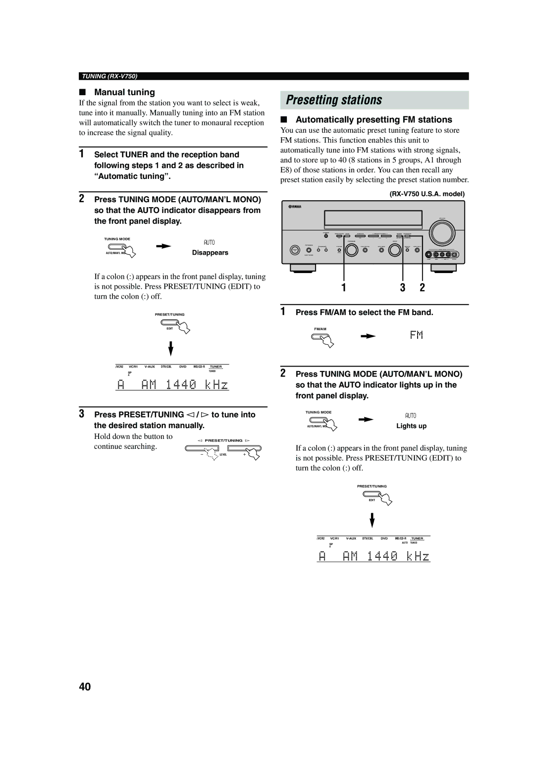 Yamaha DSP-AX750SE owner manual Presetting stations, Manual tuning, Automatically presetting FM stations 