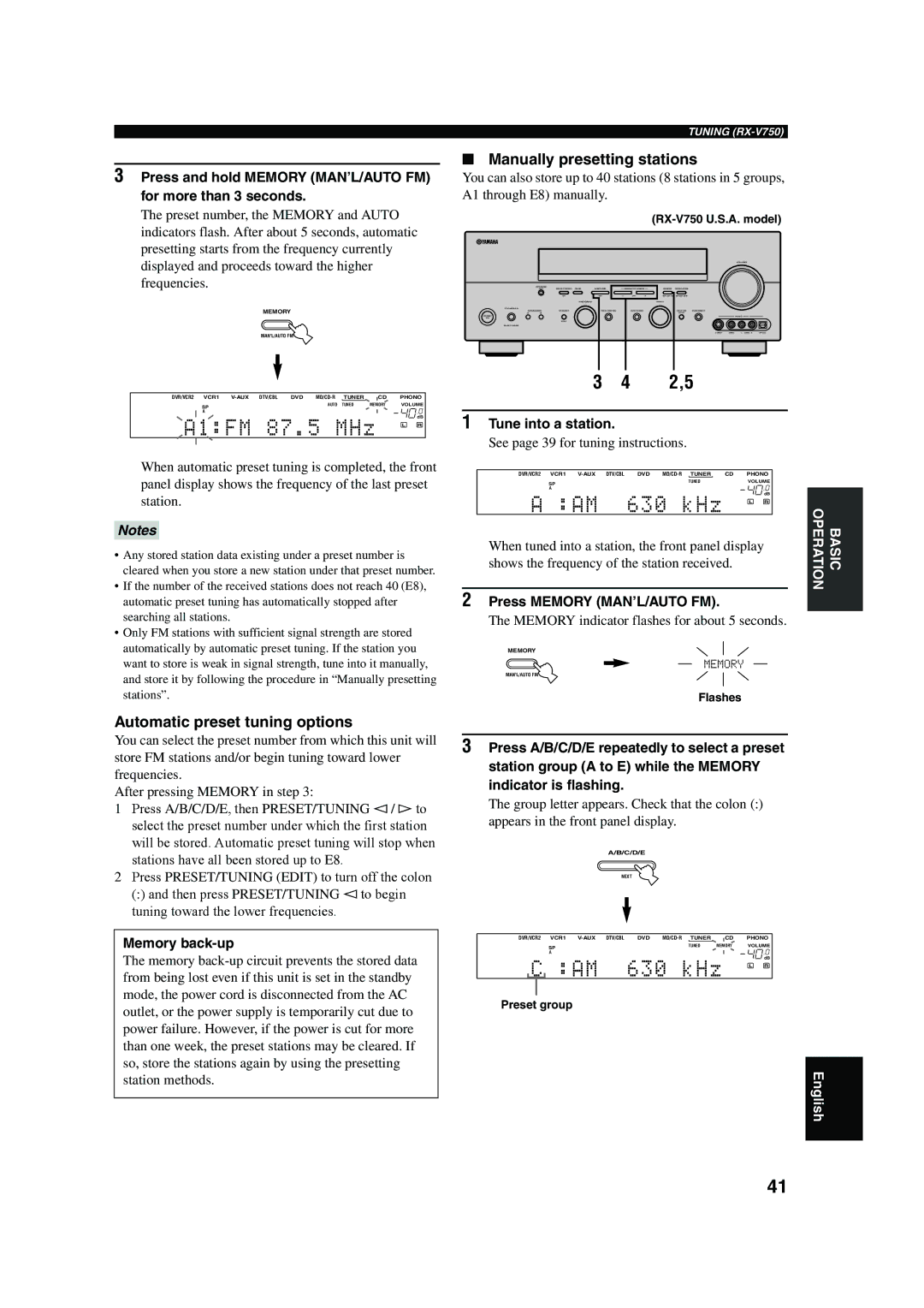 Yamaha DSP-AX750SE owner manual Automatic preset tuning options, Manually presetting stations 