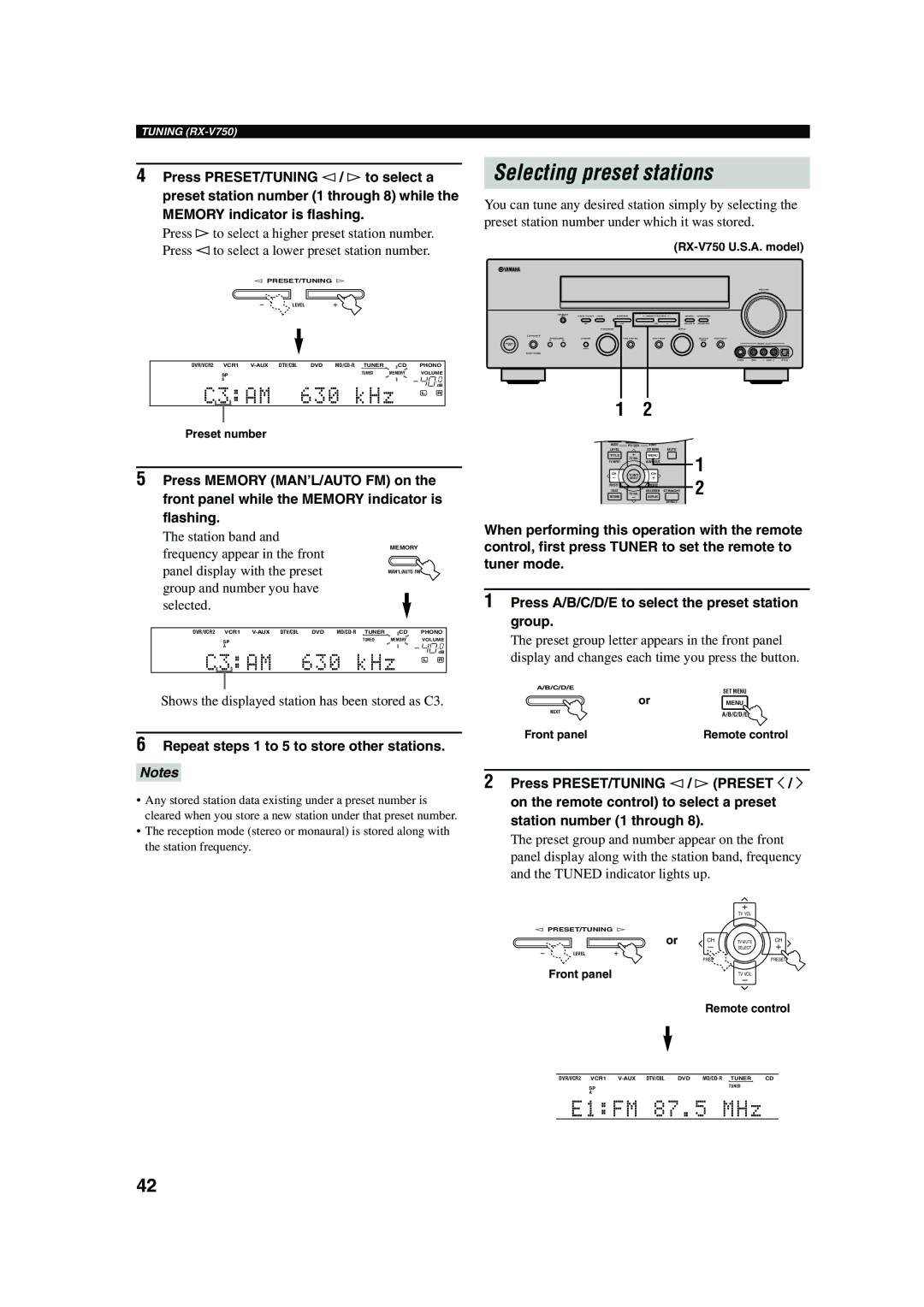 Yamaha DSP-AX750SE owner manual Selecting preset stations, When performing this operation with the remote 