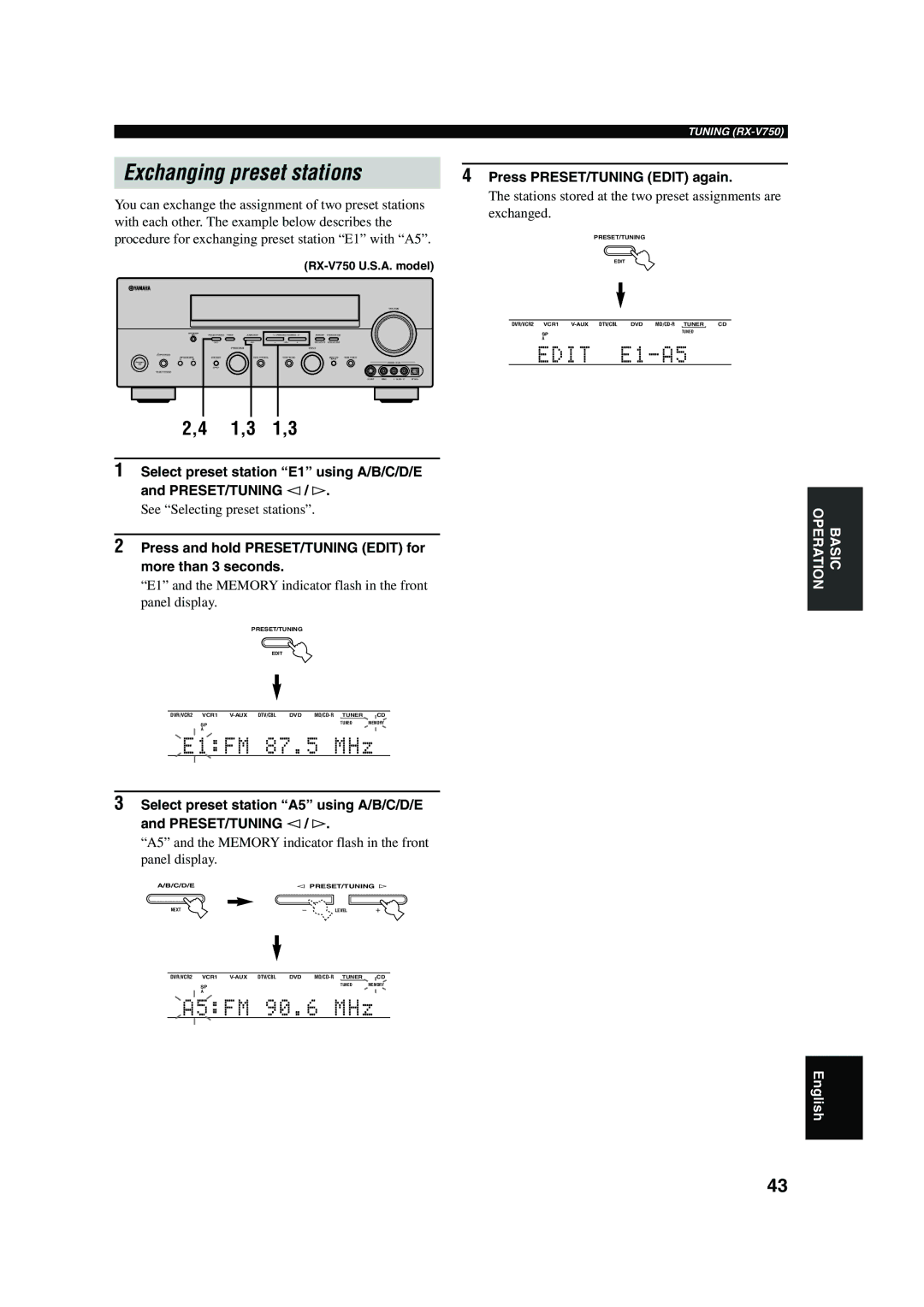 Yamaha DSP-AX750SE owner manual Press PRESET/TUNING Edit again, See Selecting preset stations 