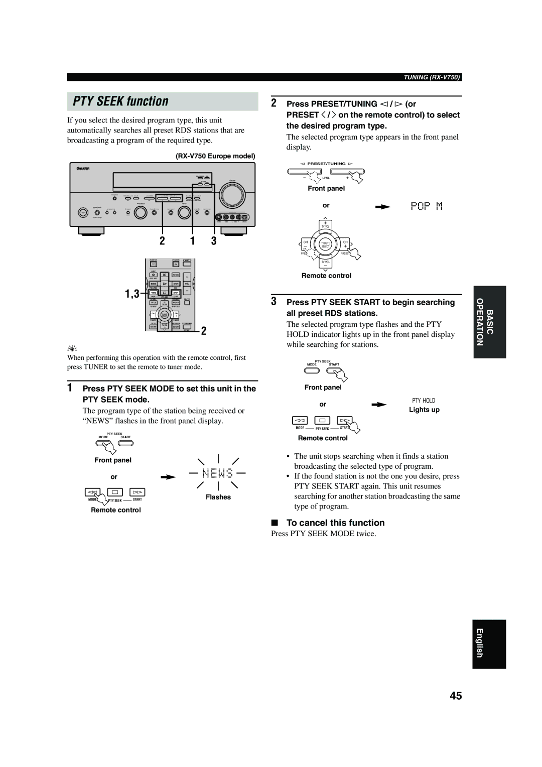 Yamaha DSP-AX750SE PTY Seek function, To cancel this function, Press PTY Seek Mode to set this unit, PTY Seek mode 