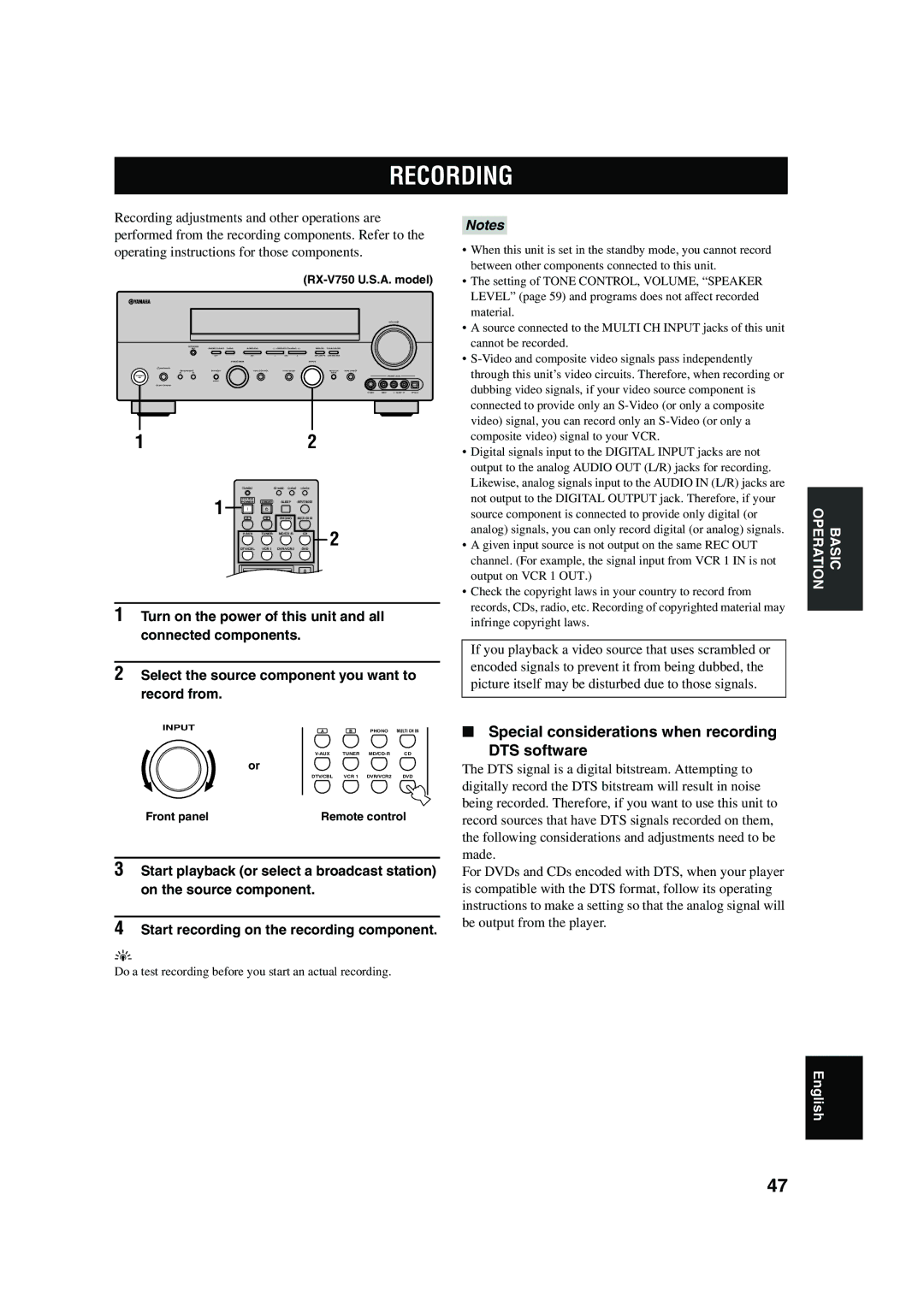 Yamaha DSP-AX750SE owner manual Recording, Special considerations when recording DTS software 