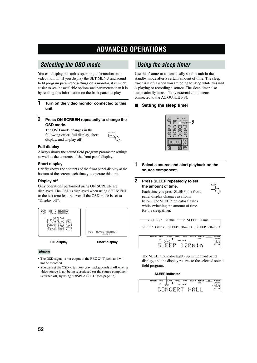 Yamaha DSP-AX750SE owner manual Advanced Operations, Selecting the OSD mode Using the sleep timer, P08 Movie Theater 