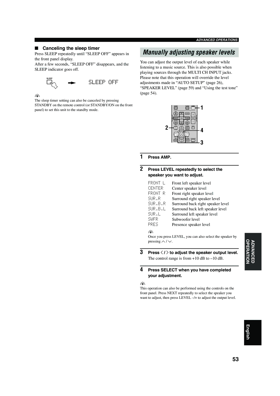 Yamaha DSP-AX750SE owner manual Sleep OFF, Canceling the sleep timer, Press j / i to adjust the speaker output level 