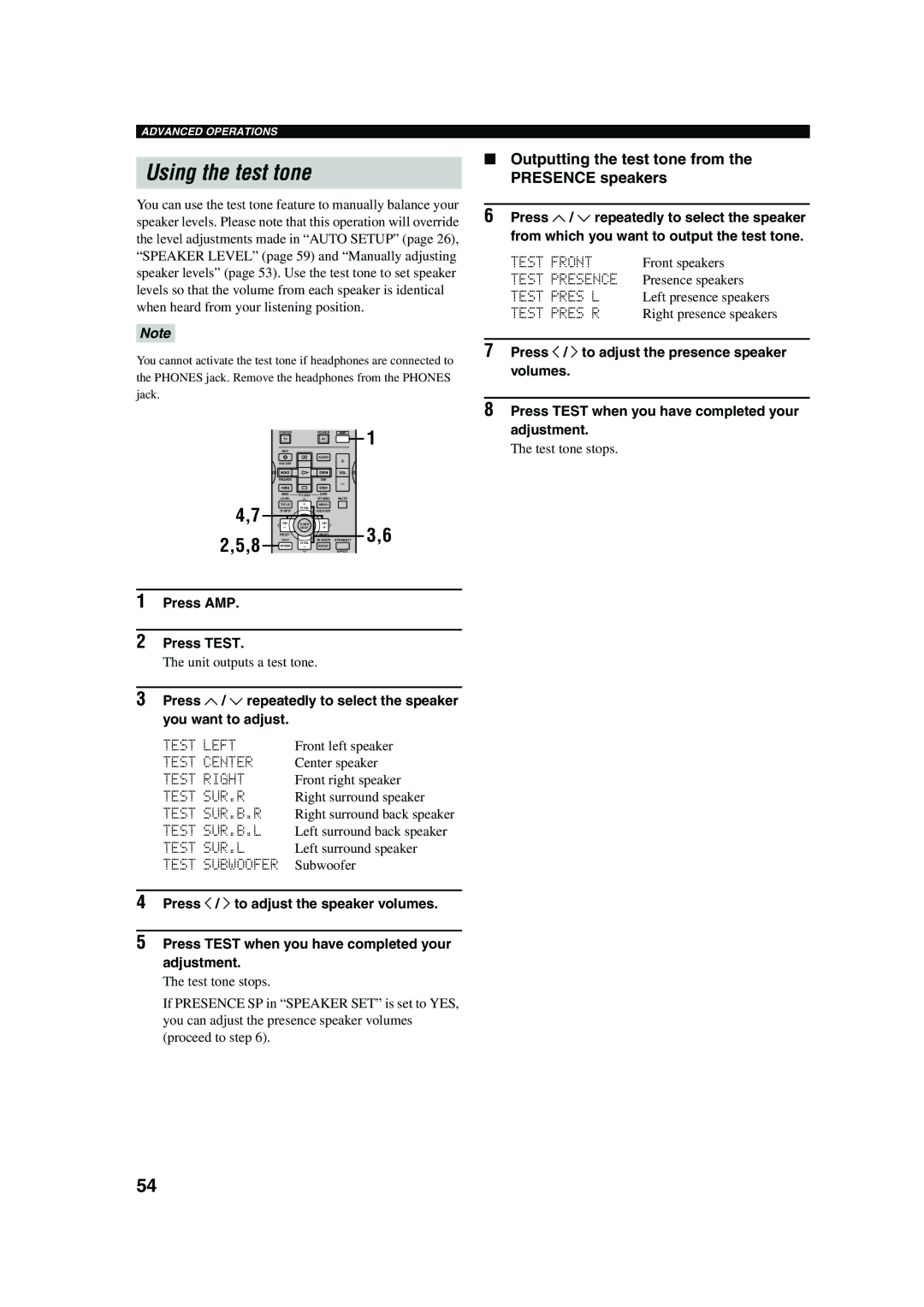 Yamaha DSP-AX750SE Using the test tone, Outputting the test tone from the Presence speakers, Press AMP Press Test 