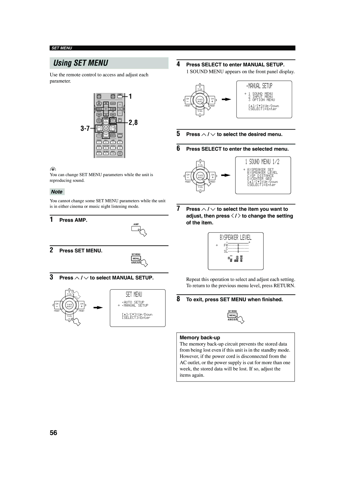 Yamaha DSP-AX750SE Using SET Menu, Bspeaker Level, Press u / d to select Manual Setup, Press Select to enter Manual Setup 