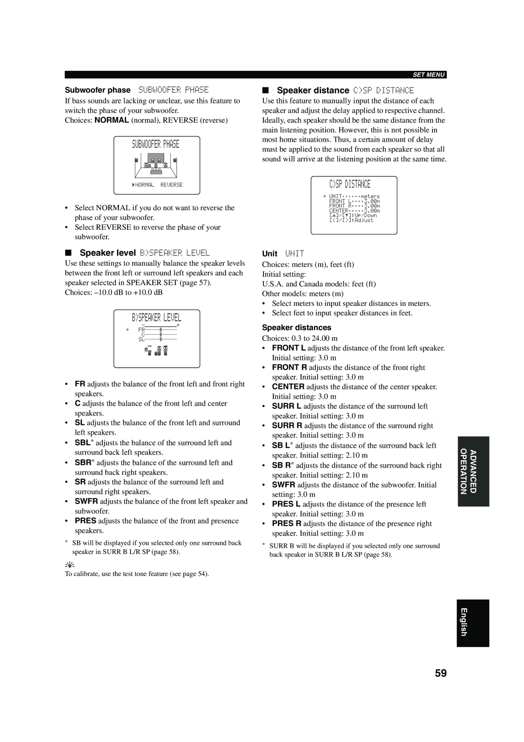 Yamaha DSP-AX750SE owner manual 02ASUBWOOFER Phase, Speaker distance CSP Distance 