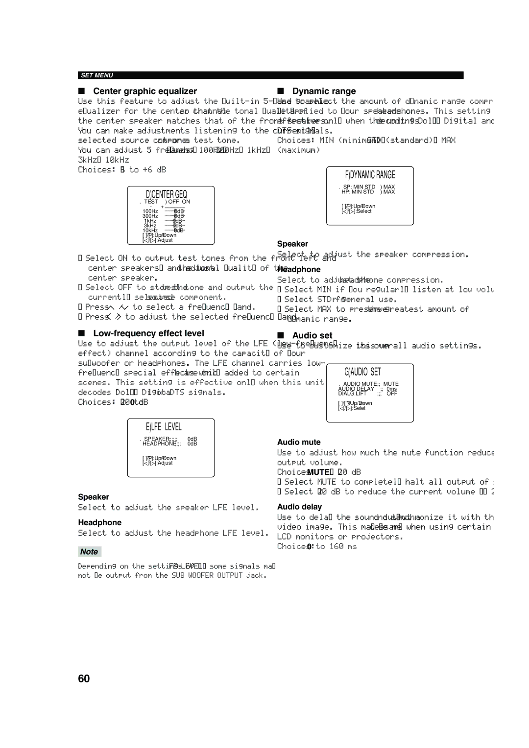 Yamaha DSP-AX750SE owner manual Dcenter GEQ, Elfe Level, Fdynamic Range, Gaudio SET 