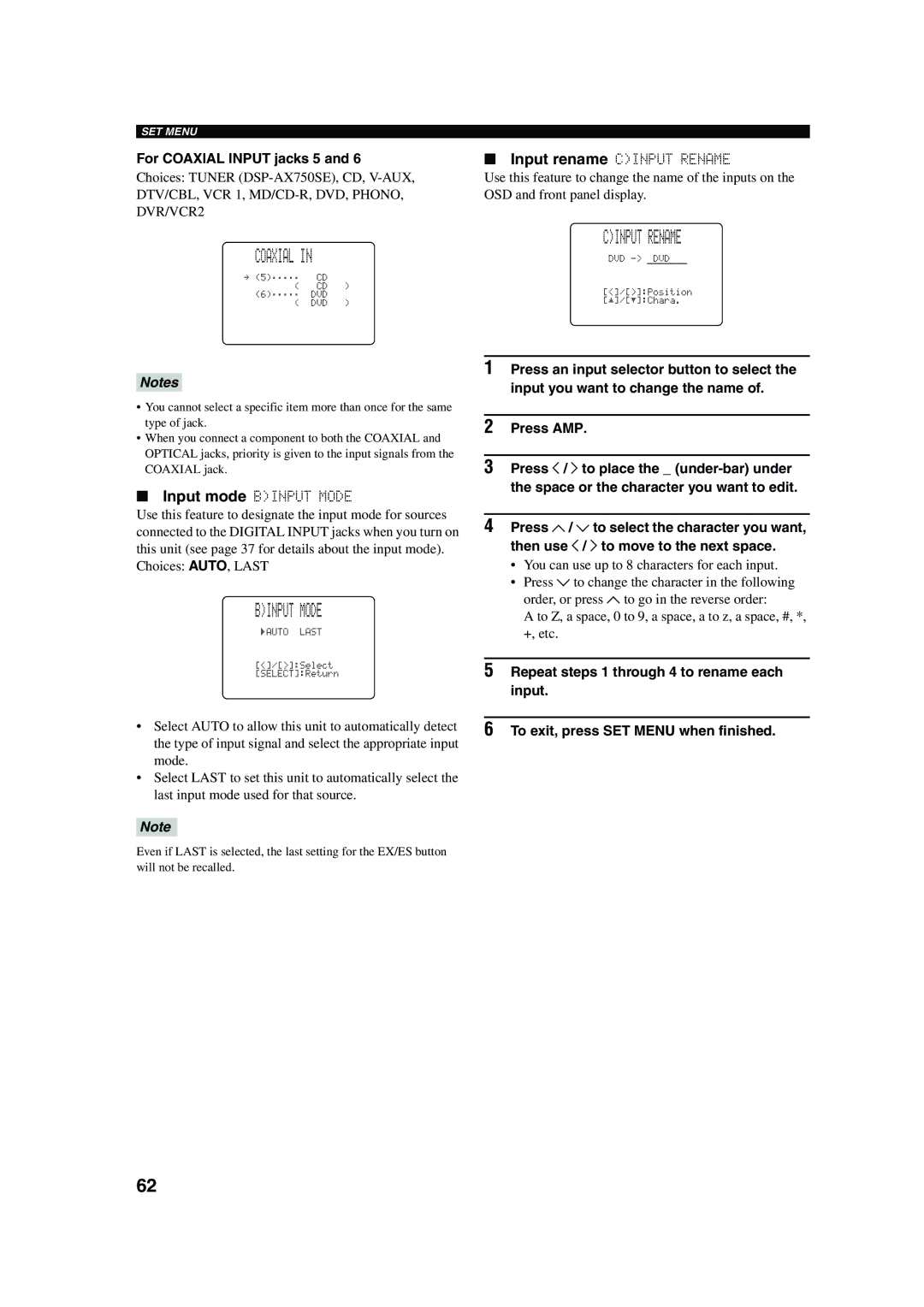 Yamaha DSP-AX750SE owner manual Binput Mode, Cinput Rename, For Coaxial Input jacks 5 