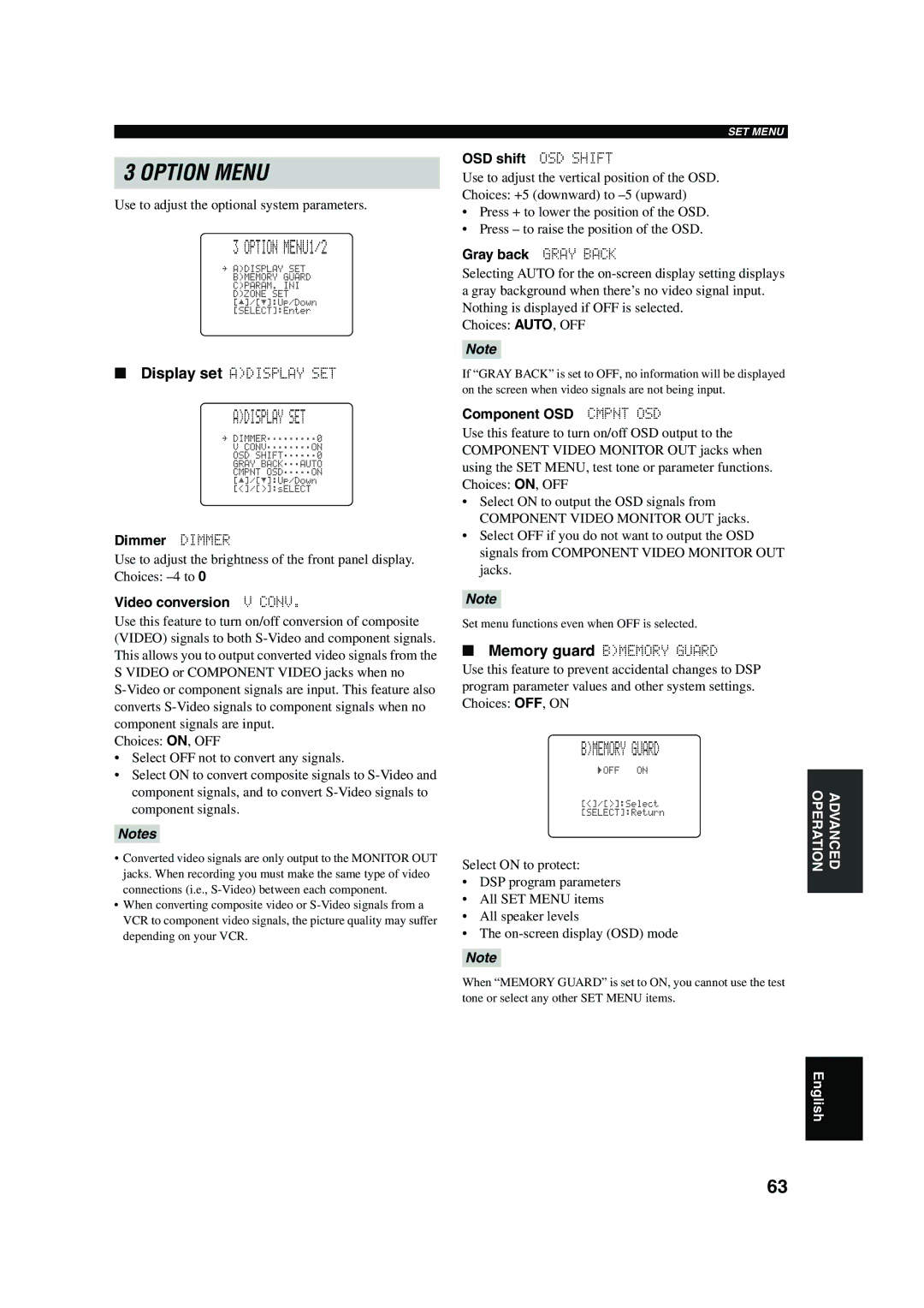 Yamaha DSP-AX750SE owner manual Option MENU1/2, Adisplay SET, Bmemory Guard 