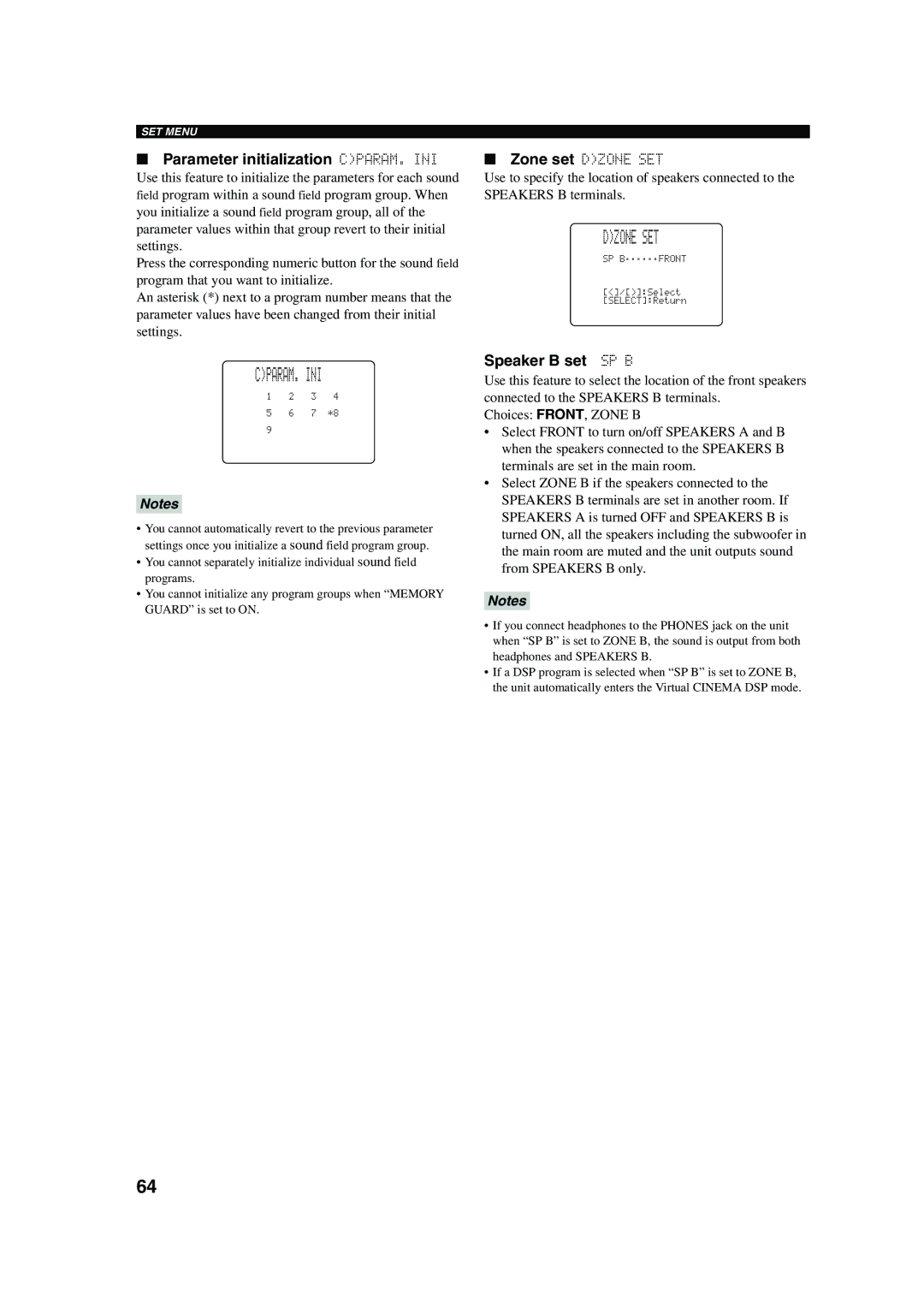 Yamaha DSP-AX750SE Cparam. Ini, Parameter initialization CPARAM. INI, Speaker B set SP B, Zone set Dzone SET 