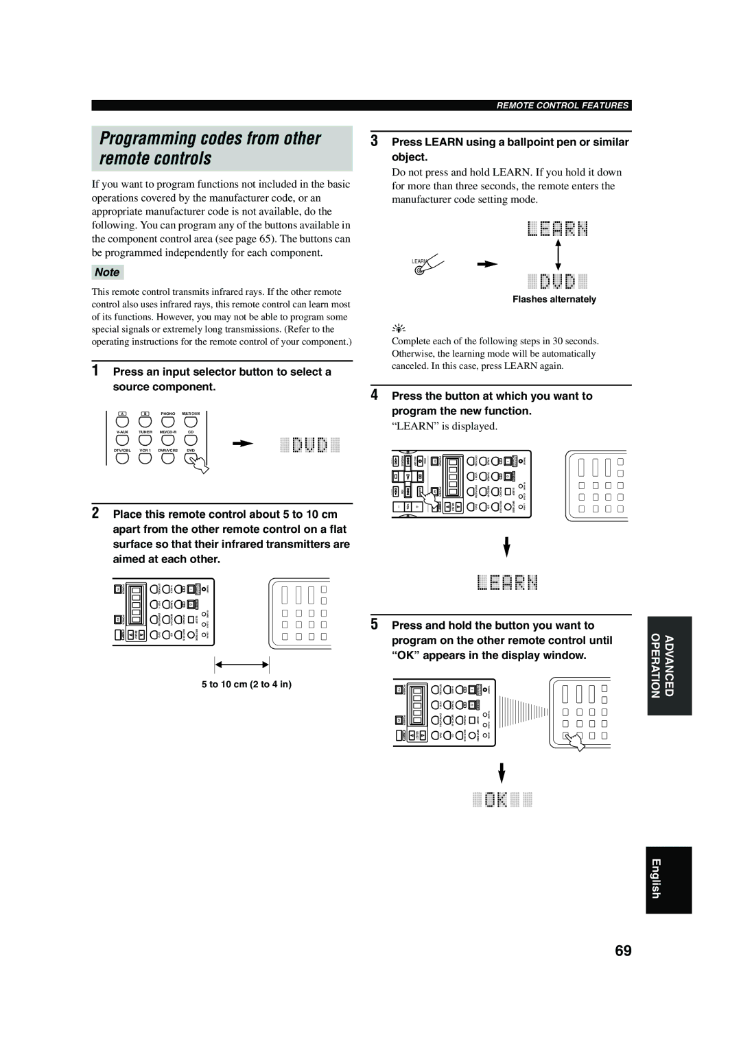 Yamaha DSP-AX750SE Programming codes from other remote controls, Press Learn using a ballpoint pen or similar object 