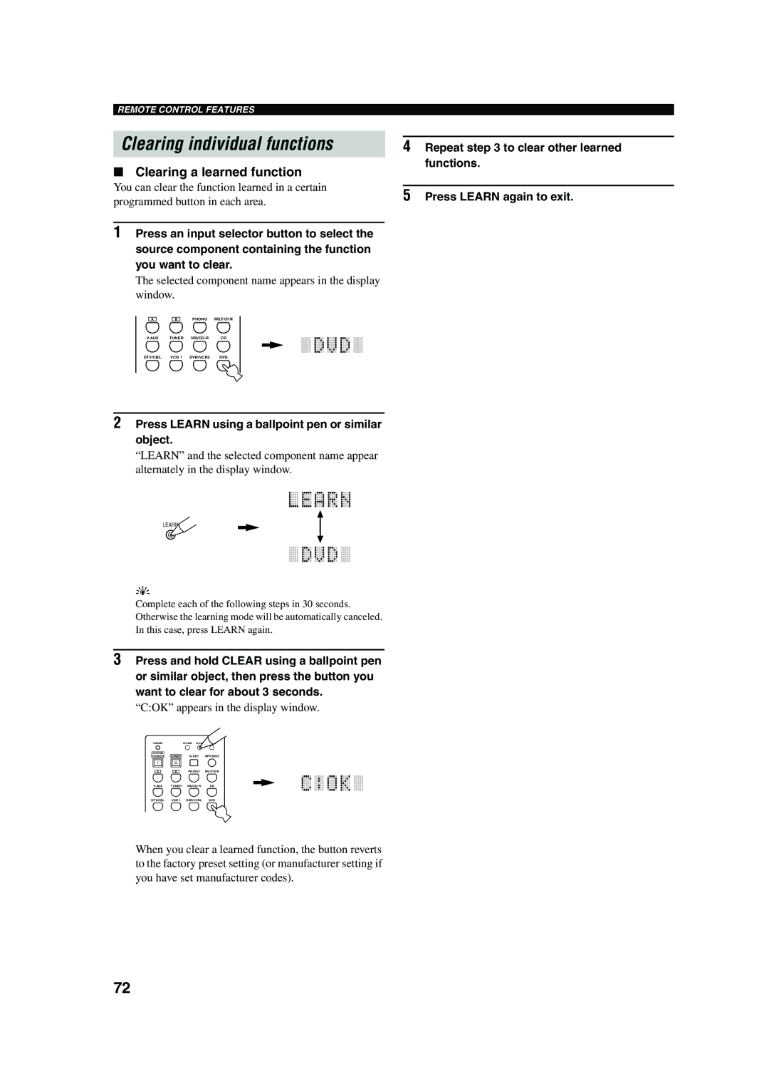 Yamaha DSP-AX750SE owner manual Clearing individual functions, Clearing a learned function 